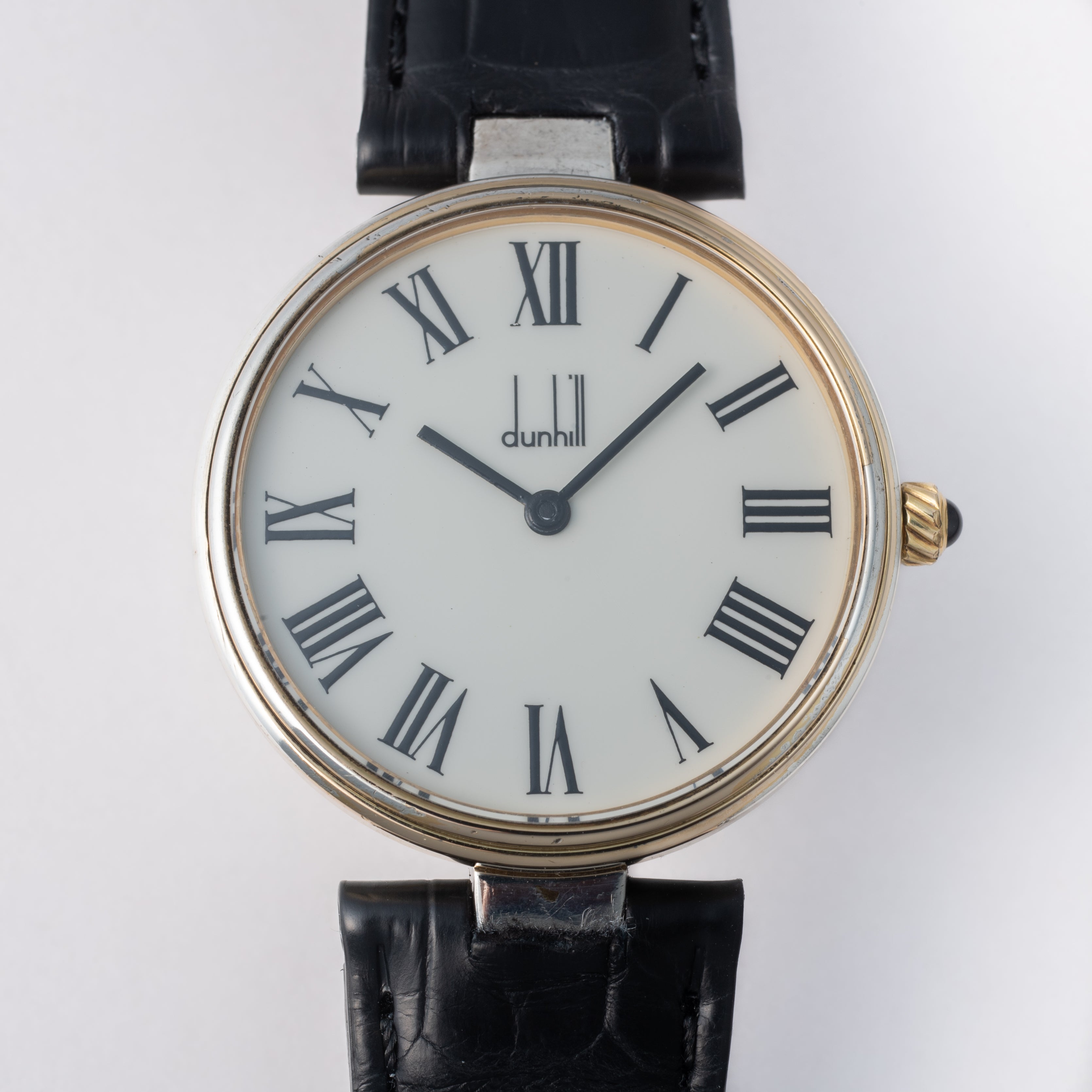 ダンヒル 銀無垢ケース 1980年代  クロノメーター ホワイトローマンダイヤル 純正尾錠付き