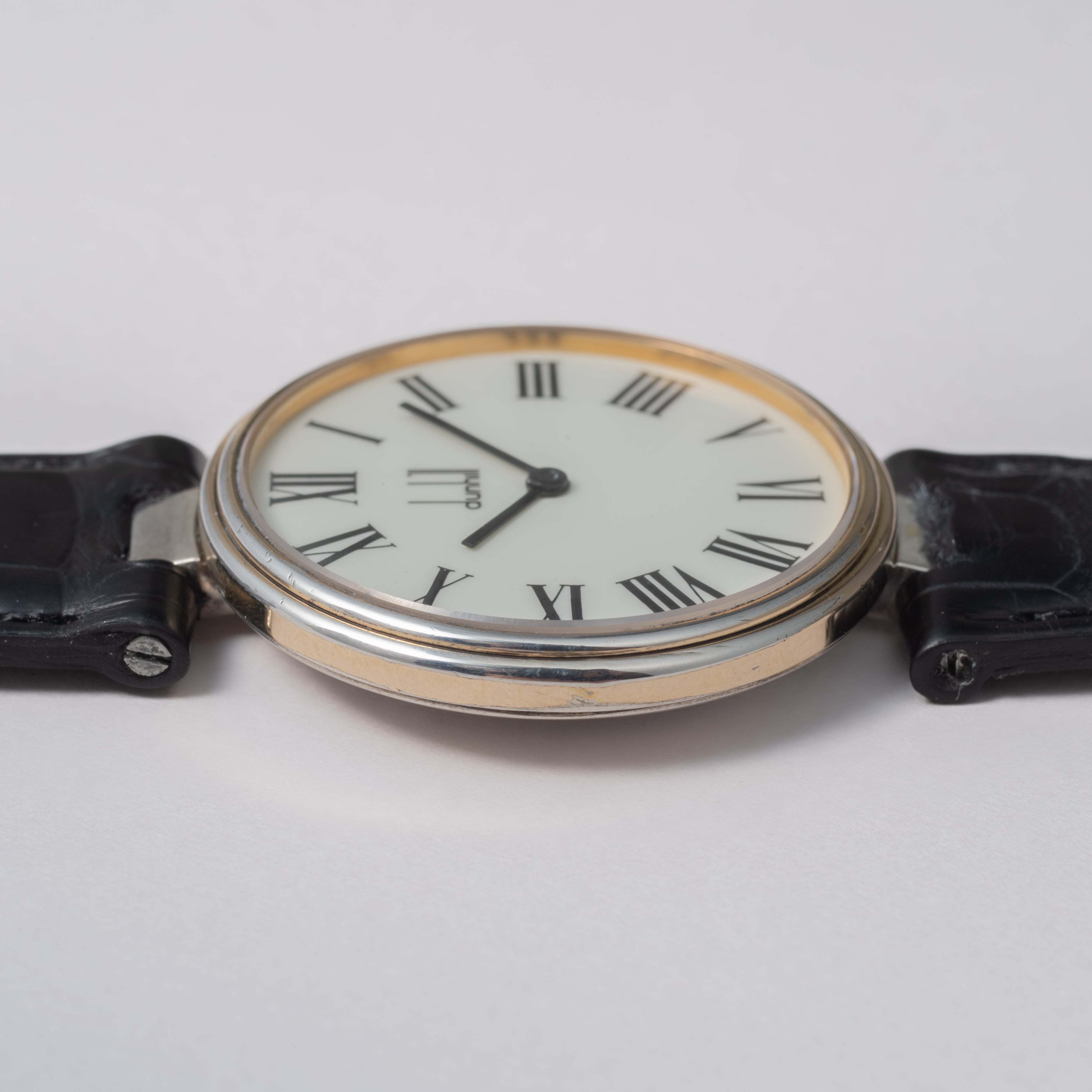 ダンヒル 銀無垢ケース 1980年代  クロノメーター ホワイトローマンダイヤル 純正尾錠付き