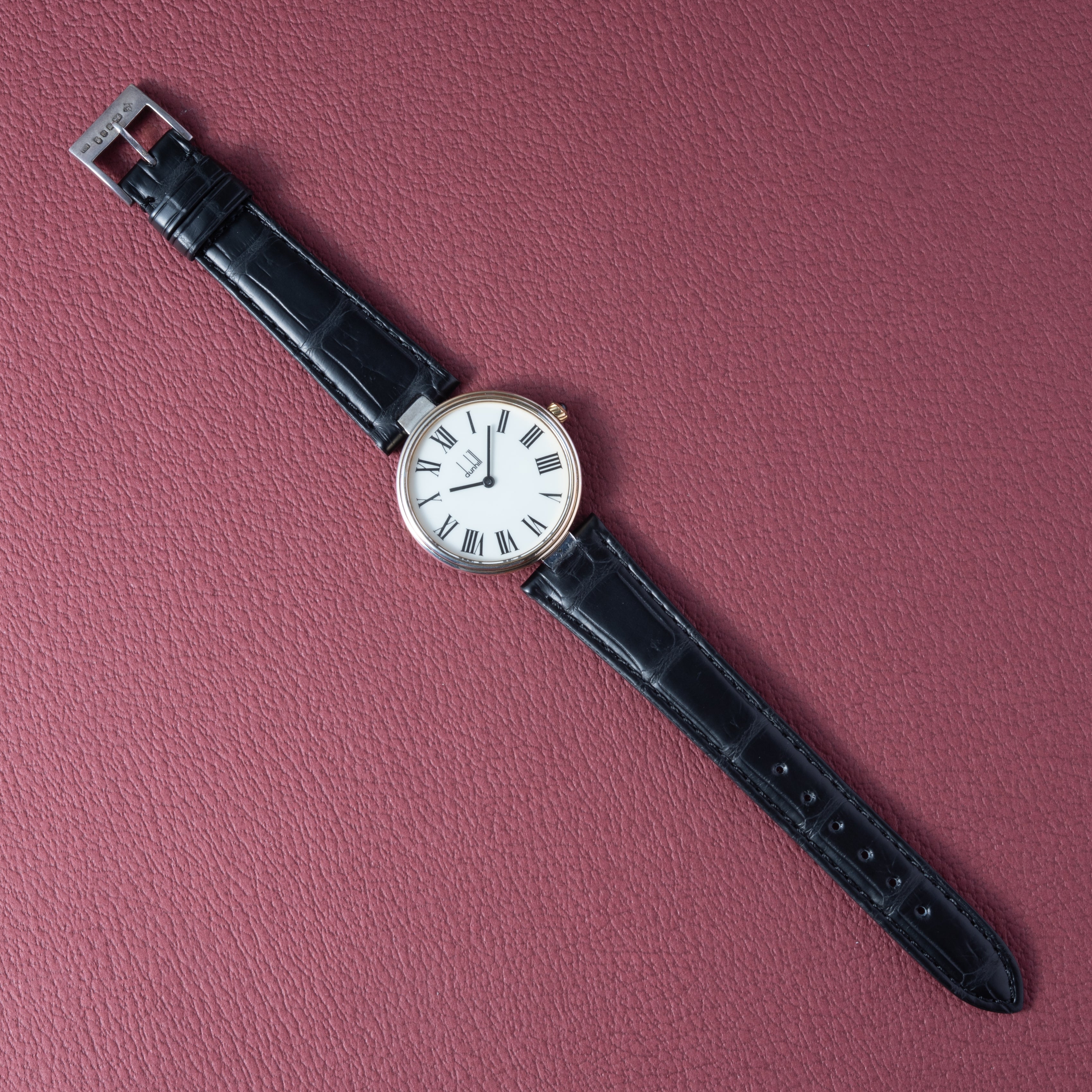 ダンヒル 銀無垢ケース 1980年代  クロノメーター ホワイトローマンダイヤル 純正尾錠付き