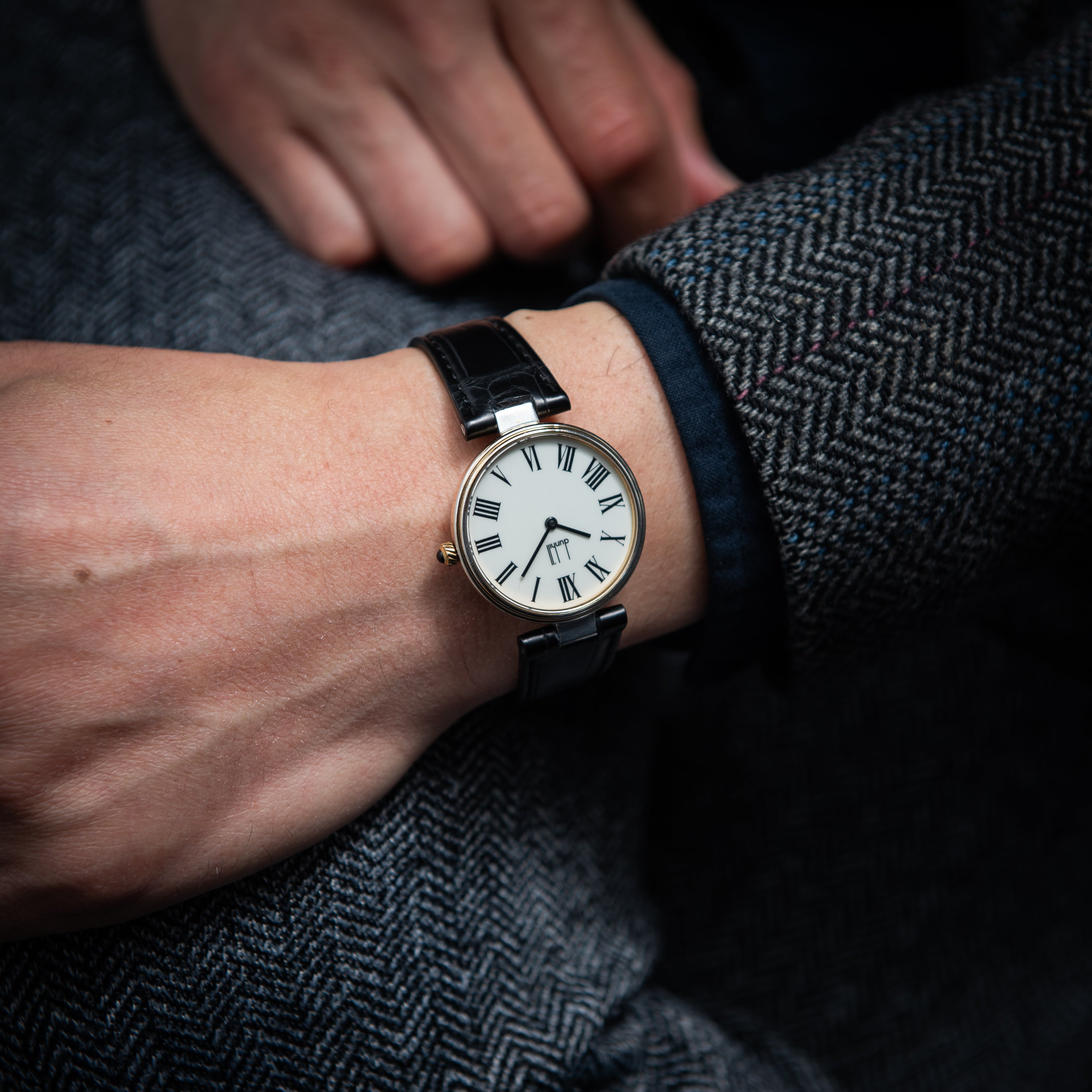 ダンヒル 銀無垢ケース 1980年代  クロノメーター ホワイトローマンダイヤル 純正尾錠付き