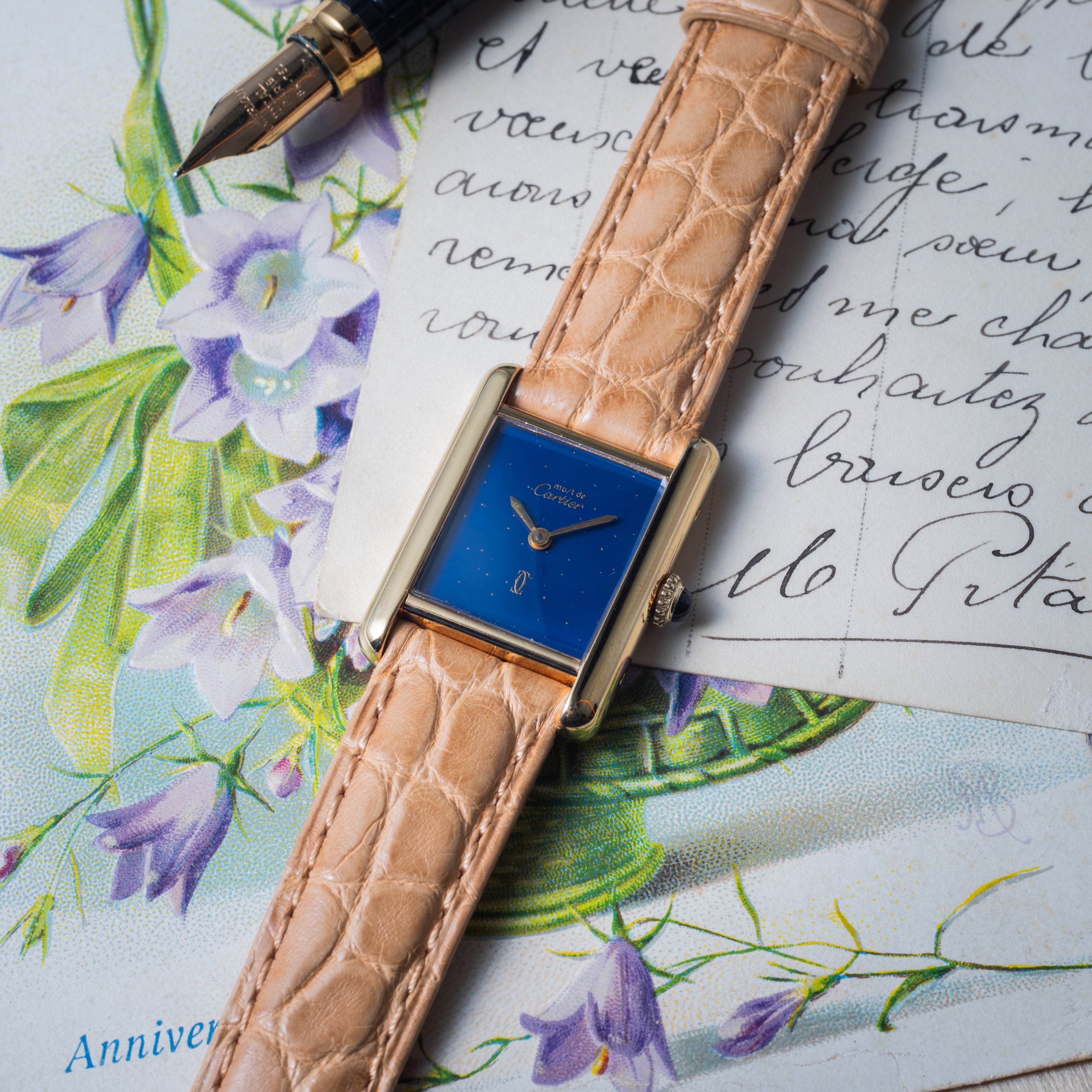 カルティエ マストタンク 1980年代製 SMサイズ 手巻き ラピスブルーダイヤル ギャラ付き