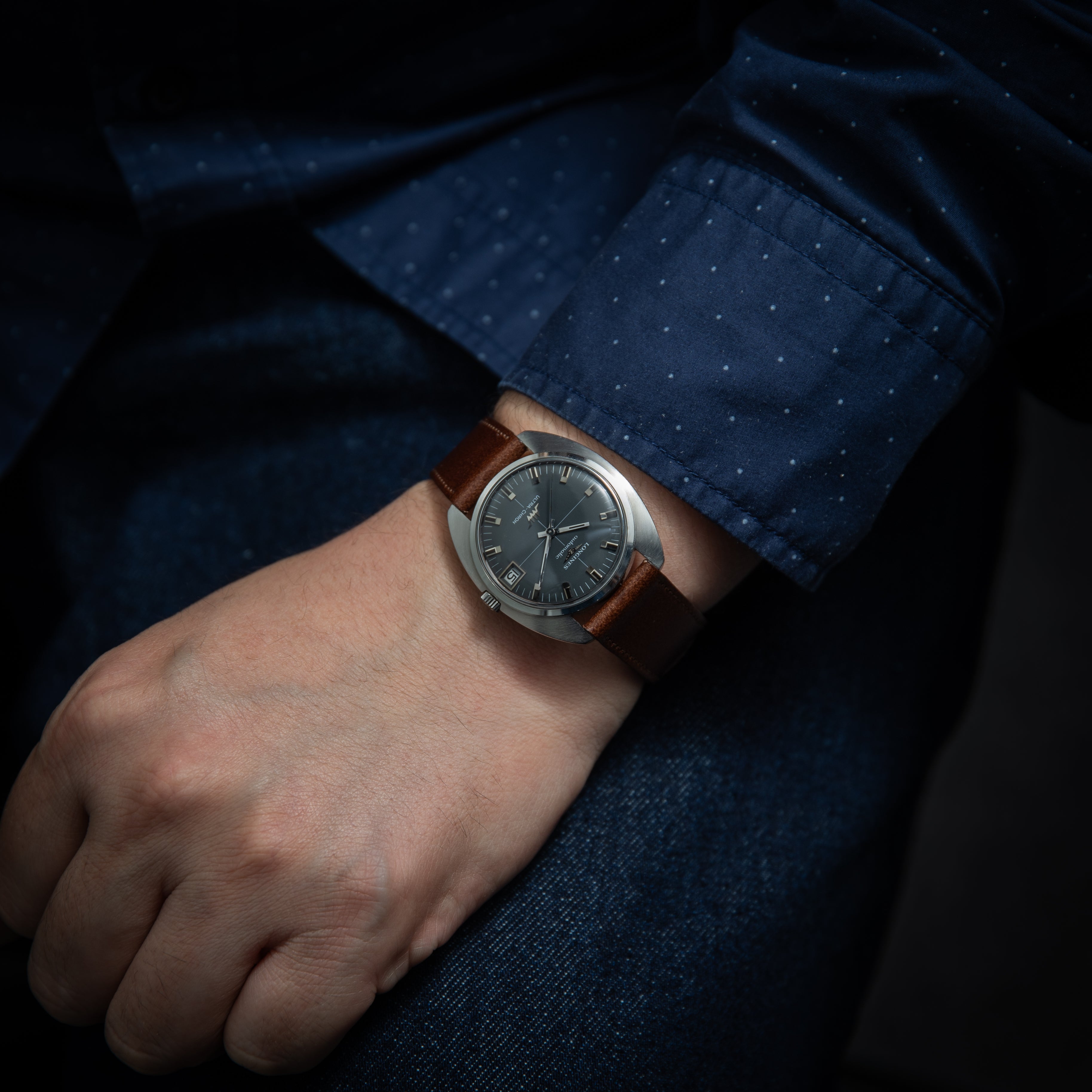 ロンジン ウルトラクロン 1969年製 クロスライン グレーダイヤル 純正尾錠付き