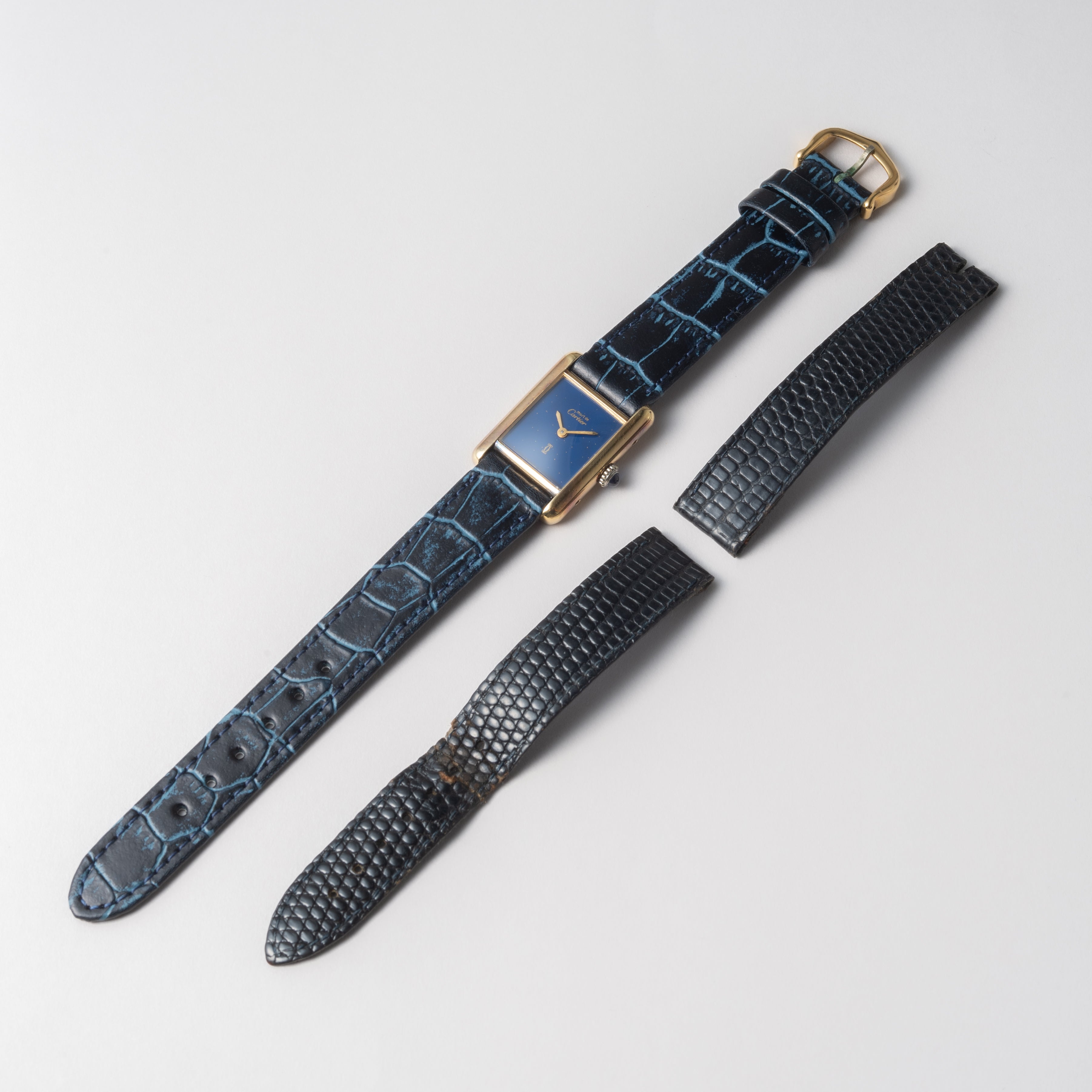 カルティエ マストタンク 1980年代製 SMサイズ 手巻き ラピスブルーダイヤル 純正尾錠付き