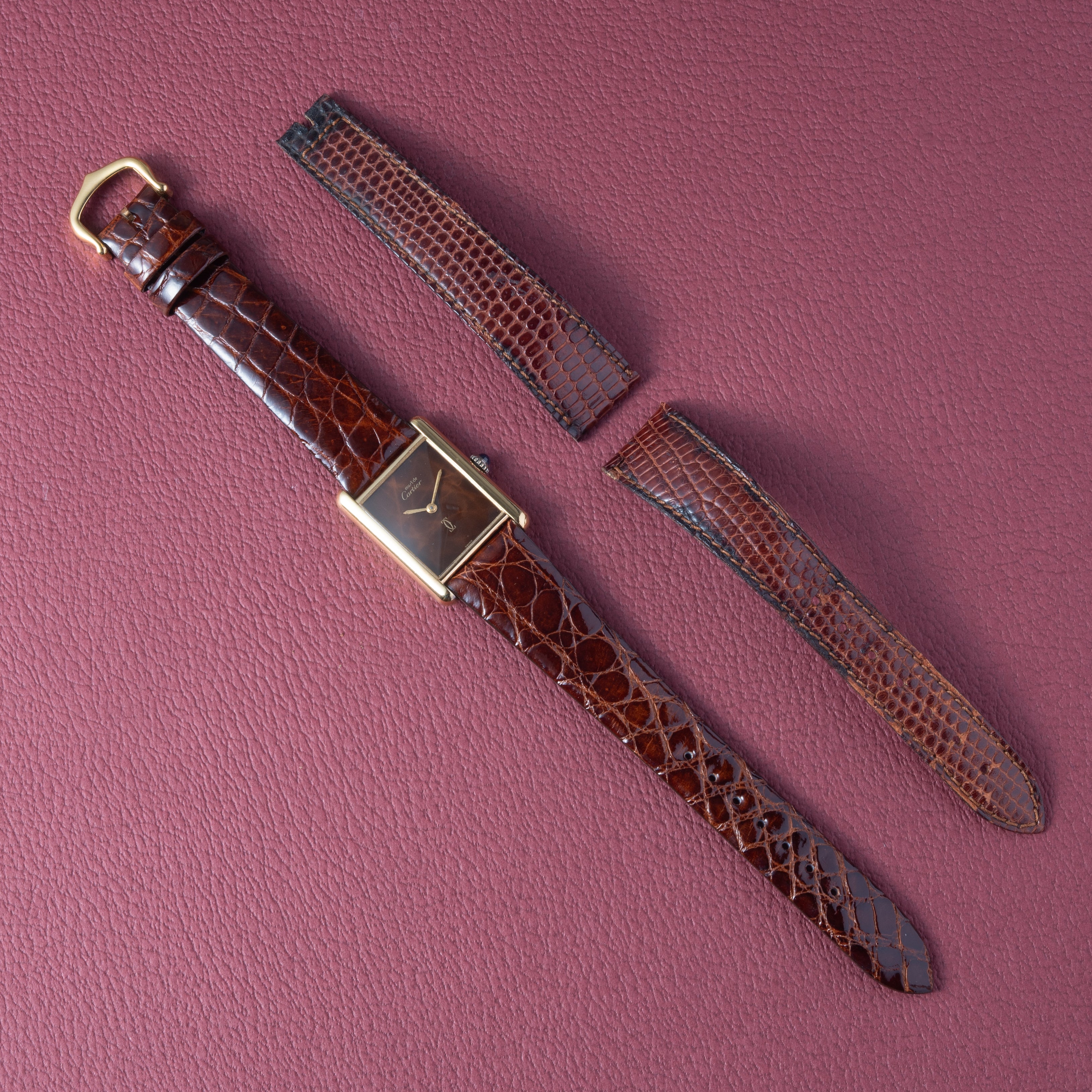 カルティエ マストタンク LMサイズ 手巻き 1980年代製 ブラウンマーブルダイヤル 純正尾錠付き