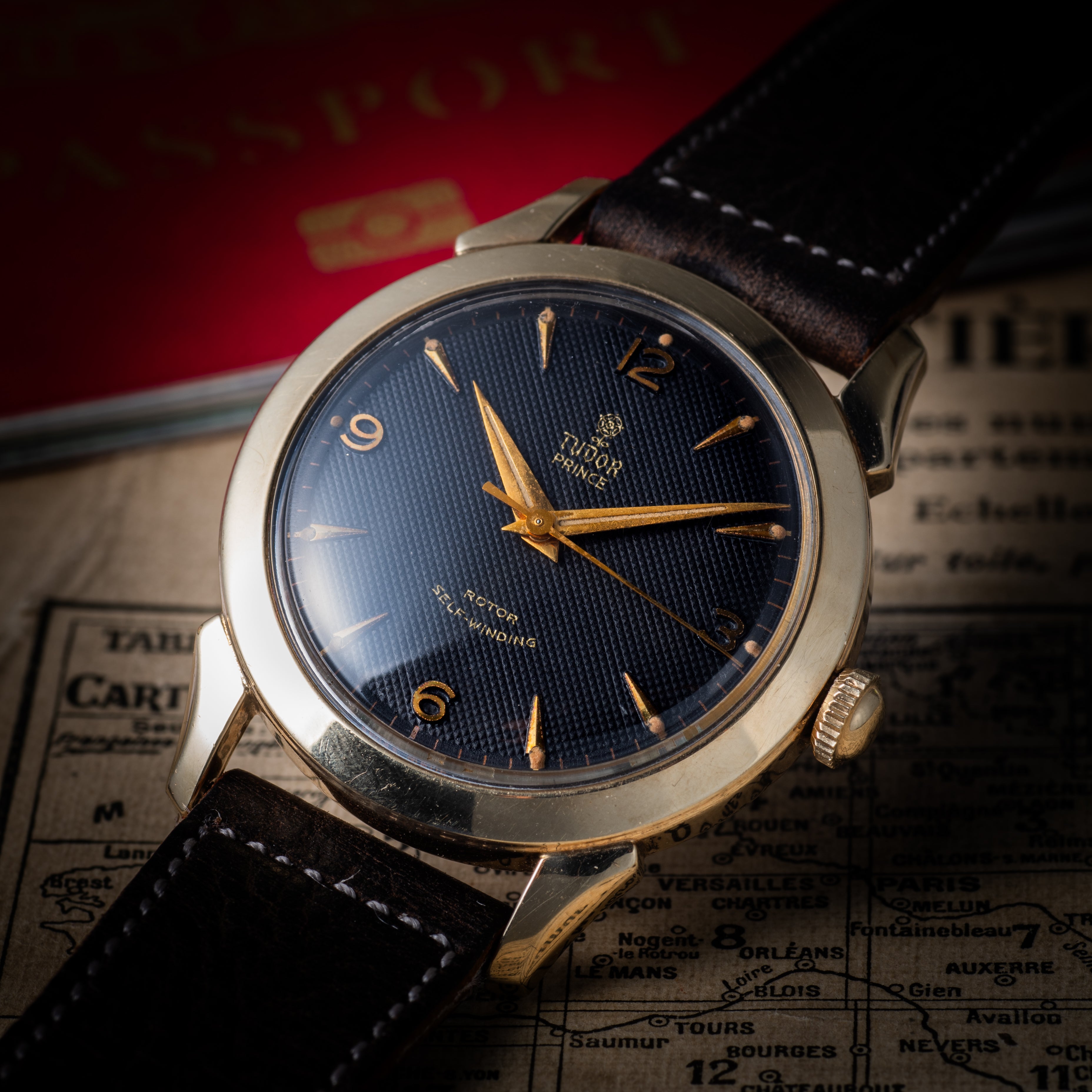 チューダー 小薔薇プリンス ブラックギョーシェダイヤル 1950年代製 自動巻き Cal.390 バタフライローター 10KGF