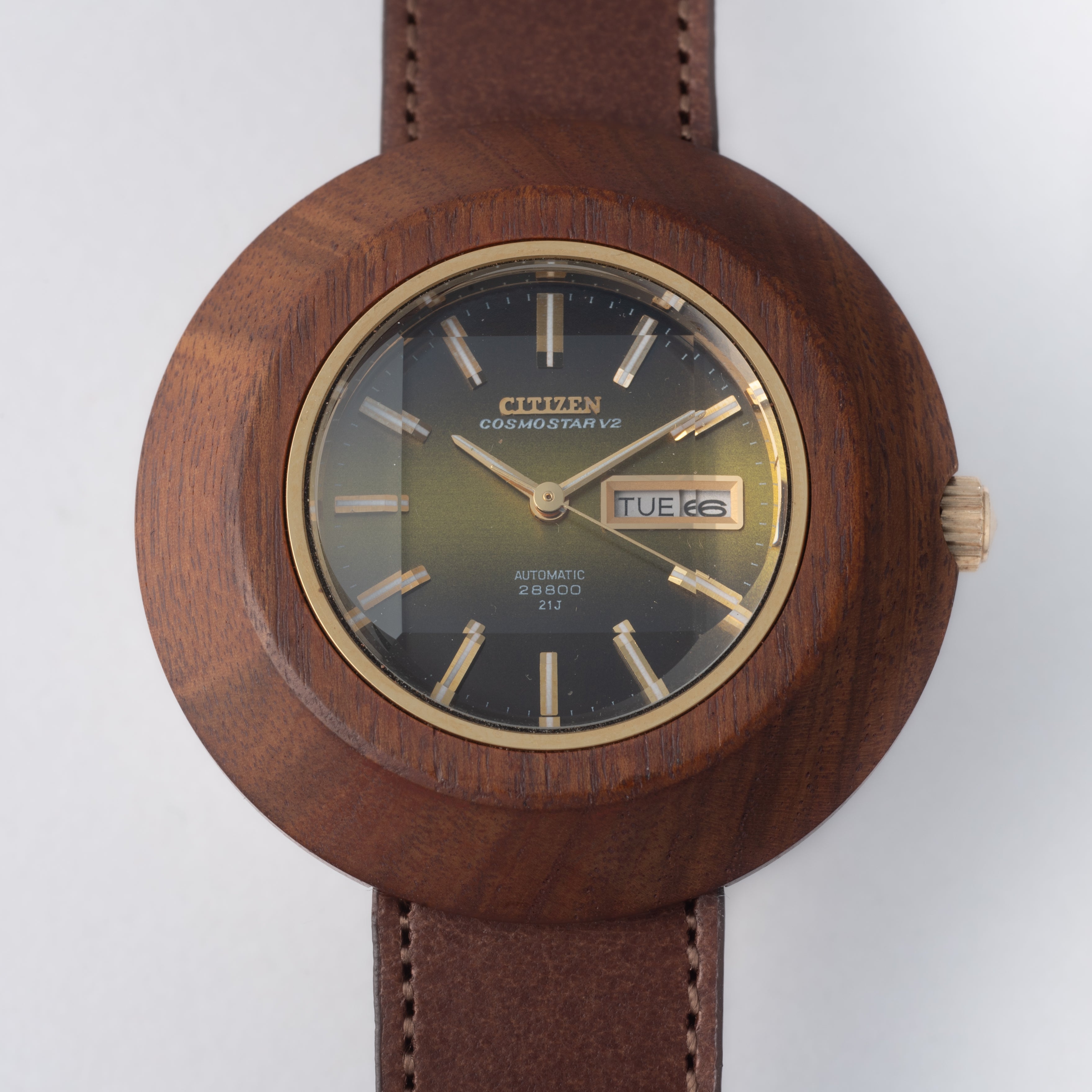 シチズン コスモスターV2 アフロクラフトケース(木製)青虎目文字盤 ハイビート自動巻き 1973年製 未使用品