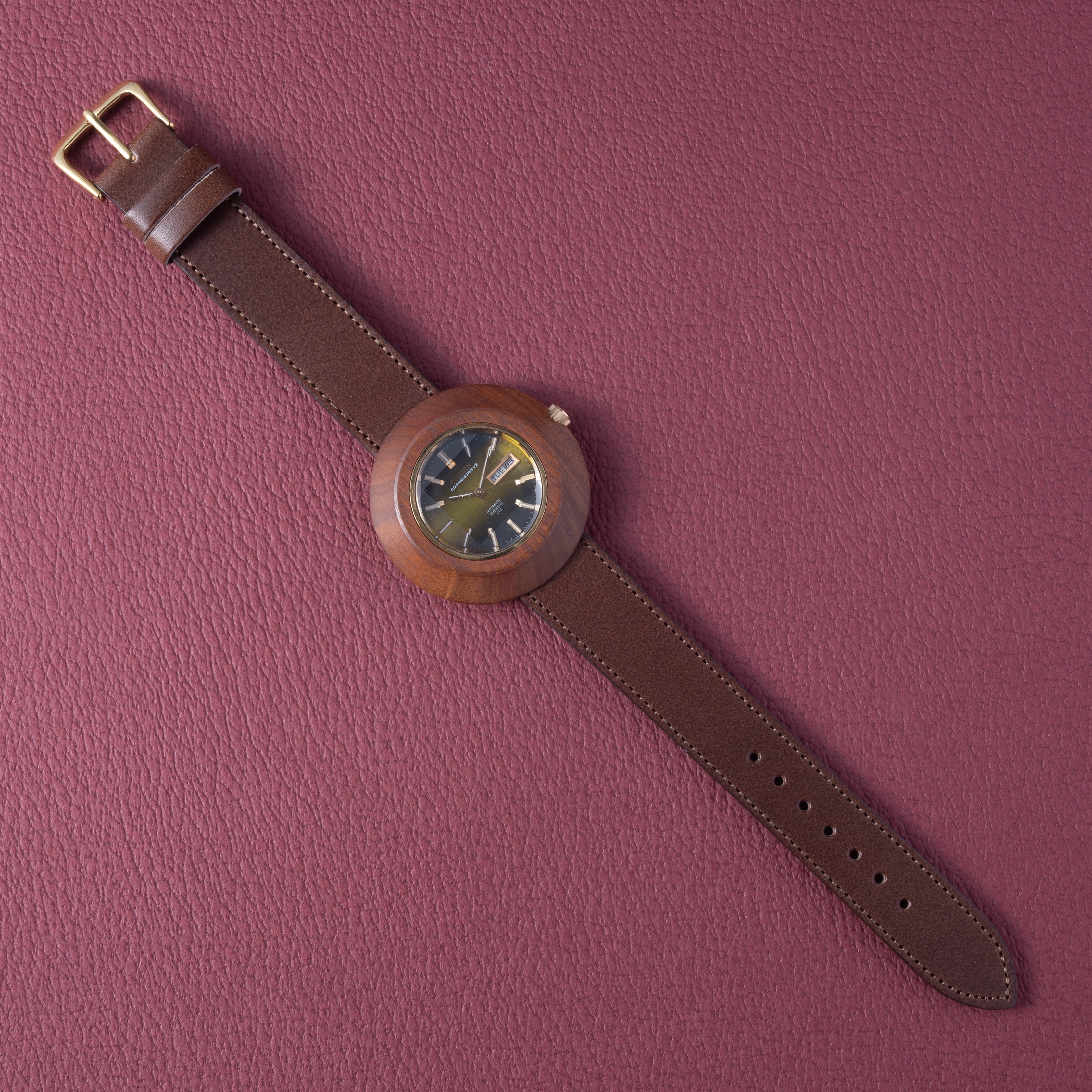 シチズン コスモスターV2 アフロクラフトケース(木製)青虎目文字盤 ハイビート自動巻き 1973年製 未使用品