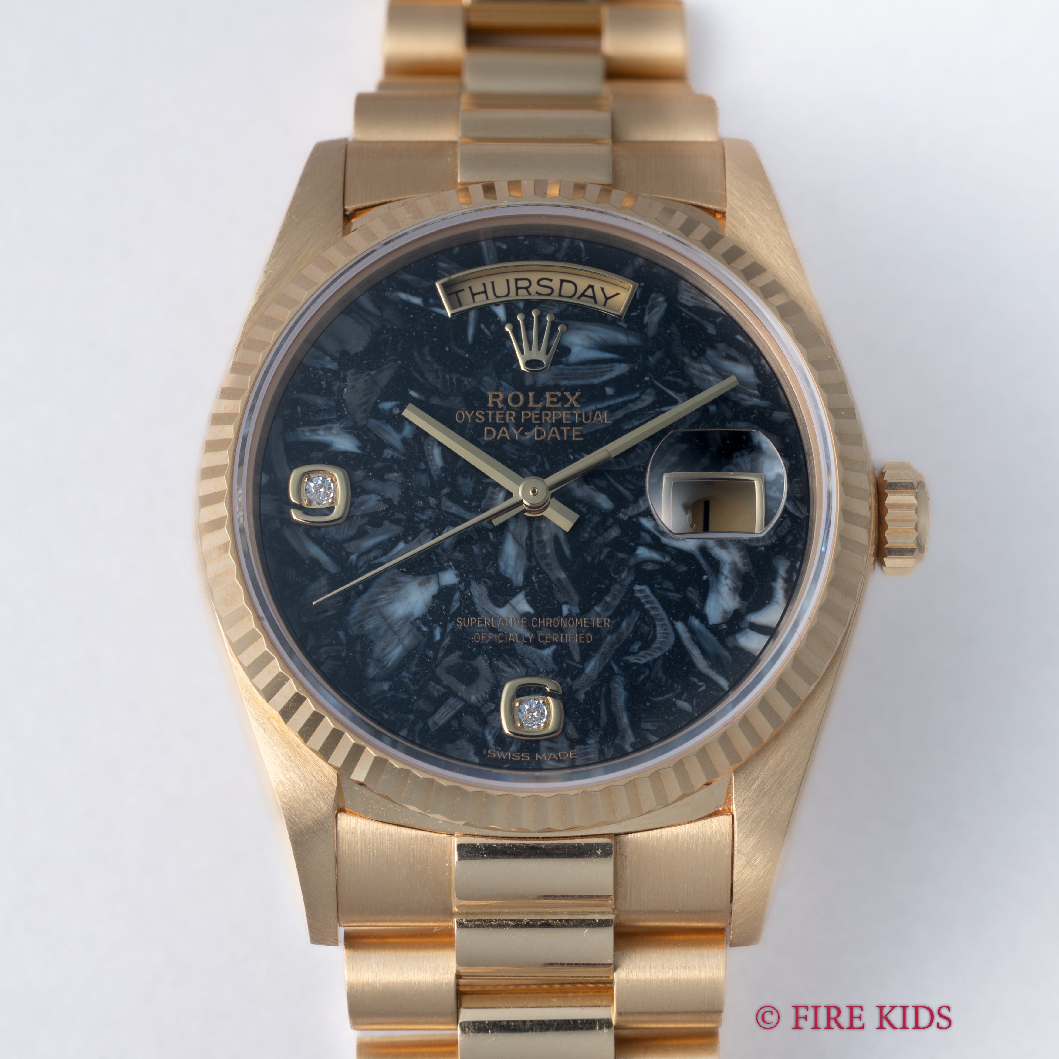 ロレックス デイデイト アンモナイトダイヤル 1986年製 Ref.18038 純正18KYGブレス ギャラ付き