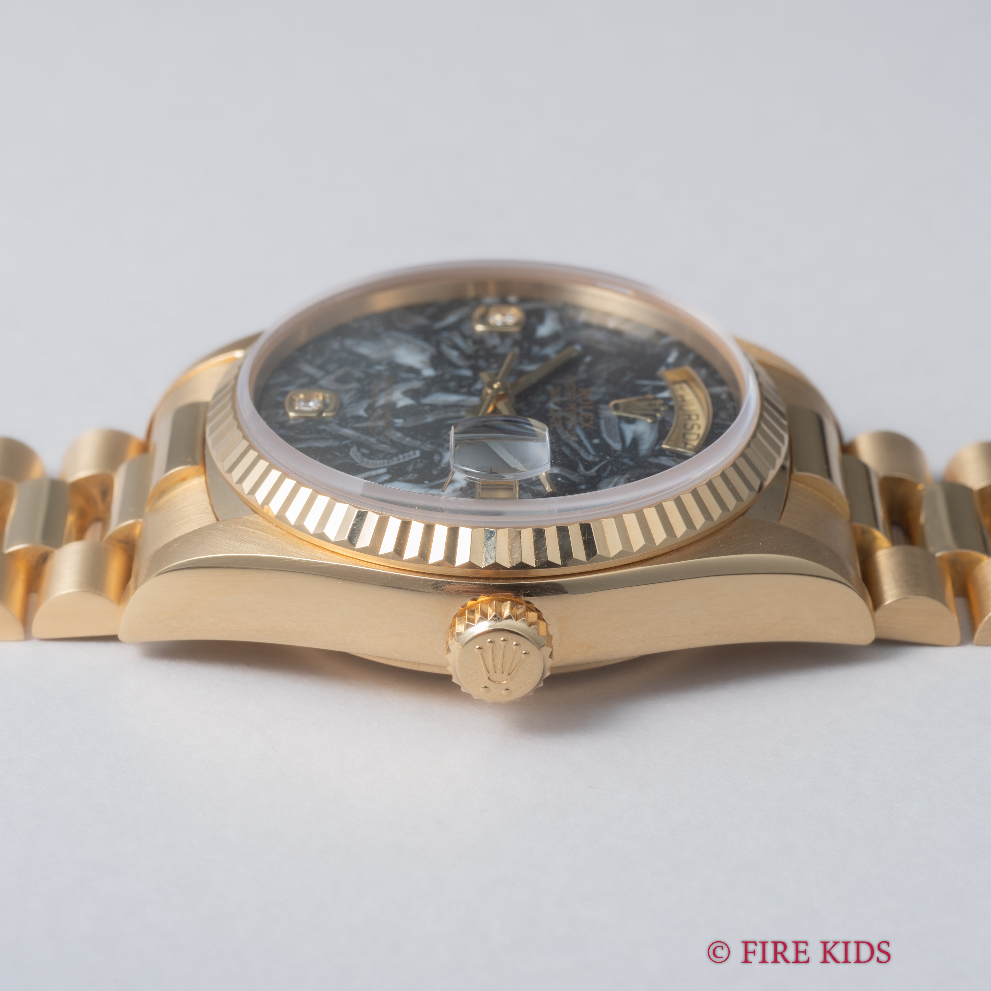 ロレックス デイデイト アンモナイトダイヤル 1986年製 Ref.18038 純正18KYGブレス ギャラ付き