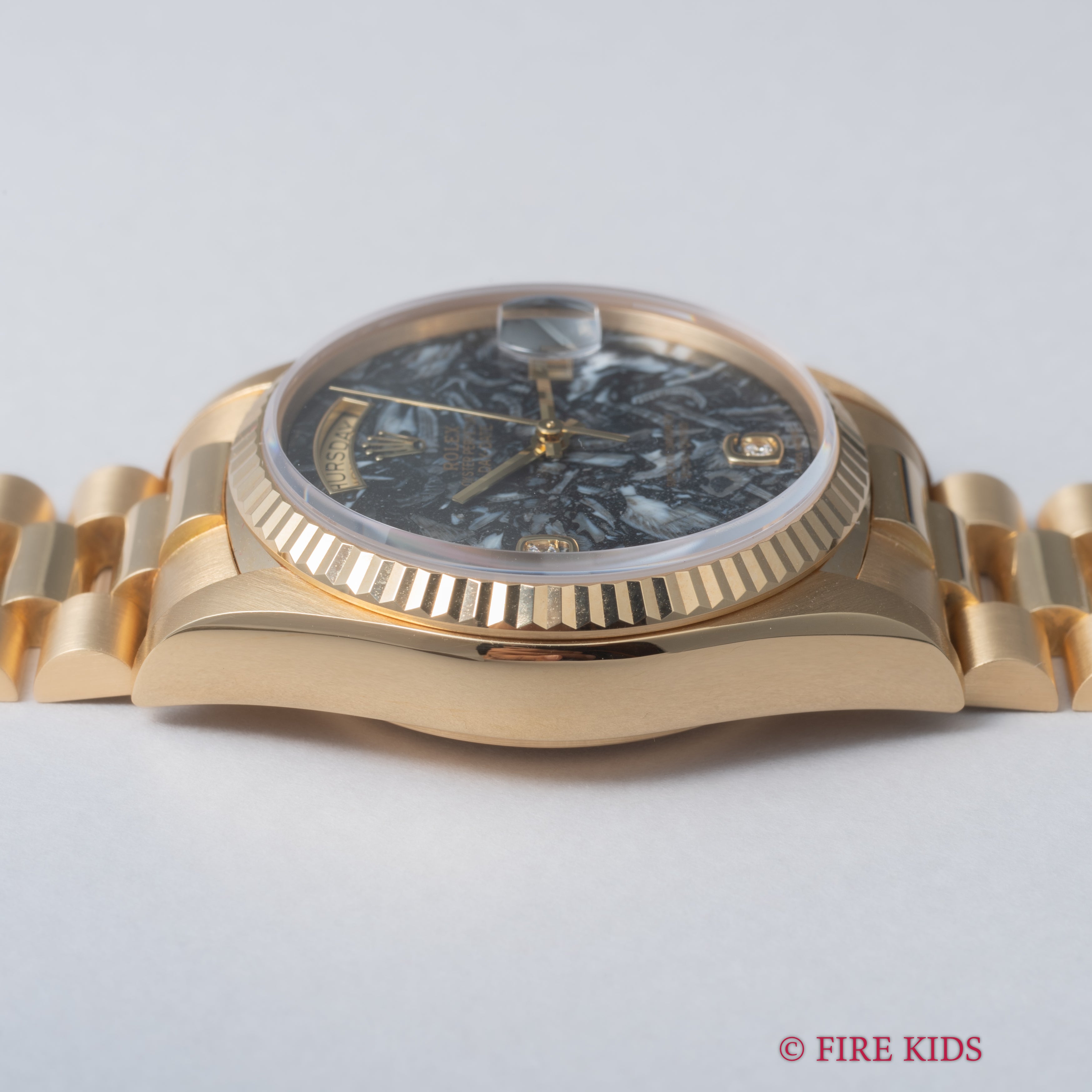 ロレックス デイデイト アンモナイトダイヤル 1986年製 Ref.18038 純正18KYGブレス ギャラ付き