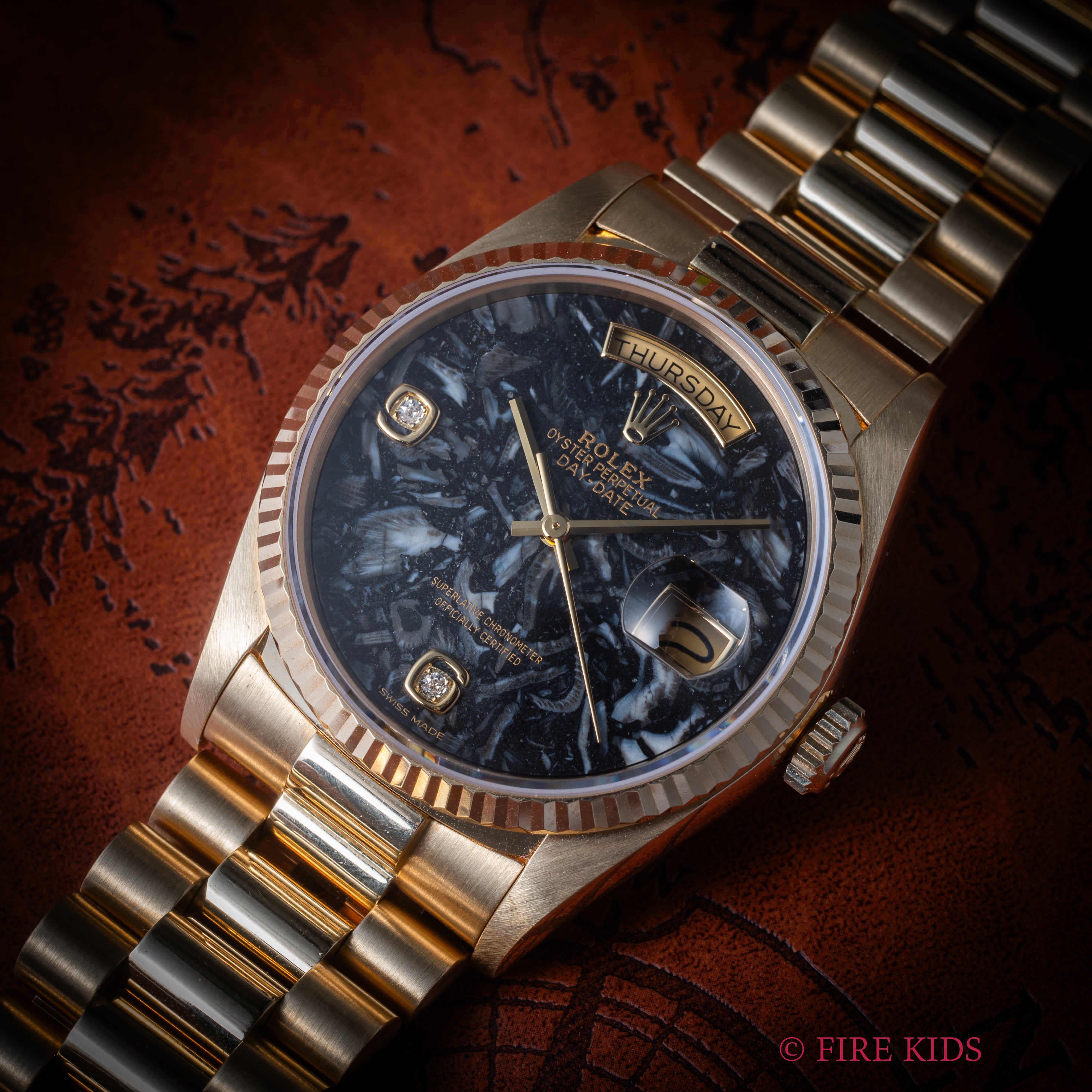 ロレックス デイデイト アンモナイトダイヤル 1986年製 Ref.18038 純正18KYGブレス ギャラ付き