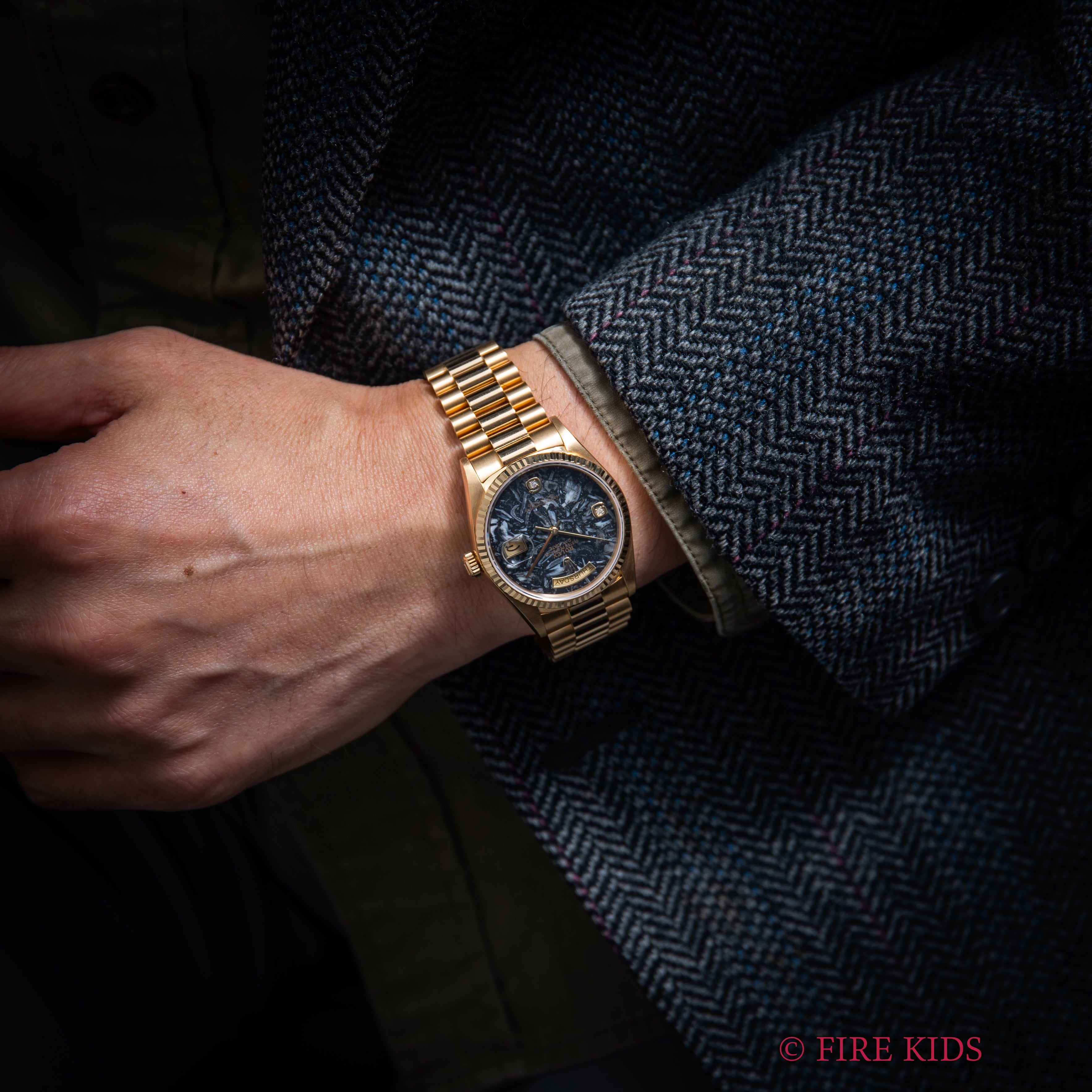 ロレックス デイデイト アンモナイトダイヤル 1986年製 Ref.18038 純正18KYGブレス ギャラ付き