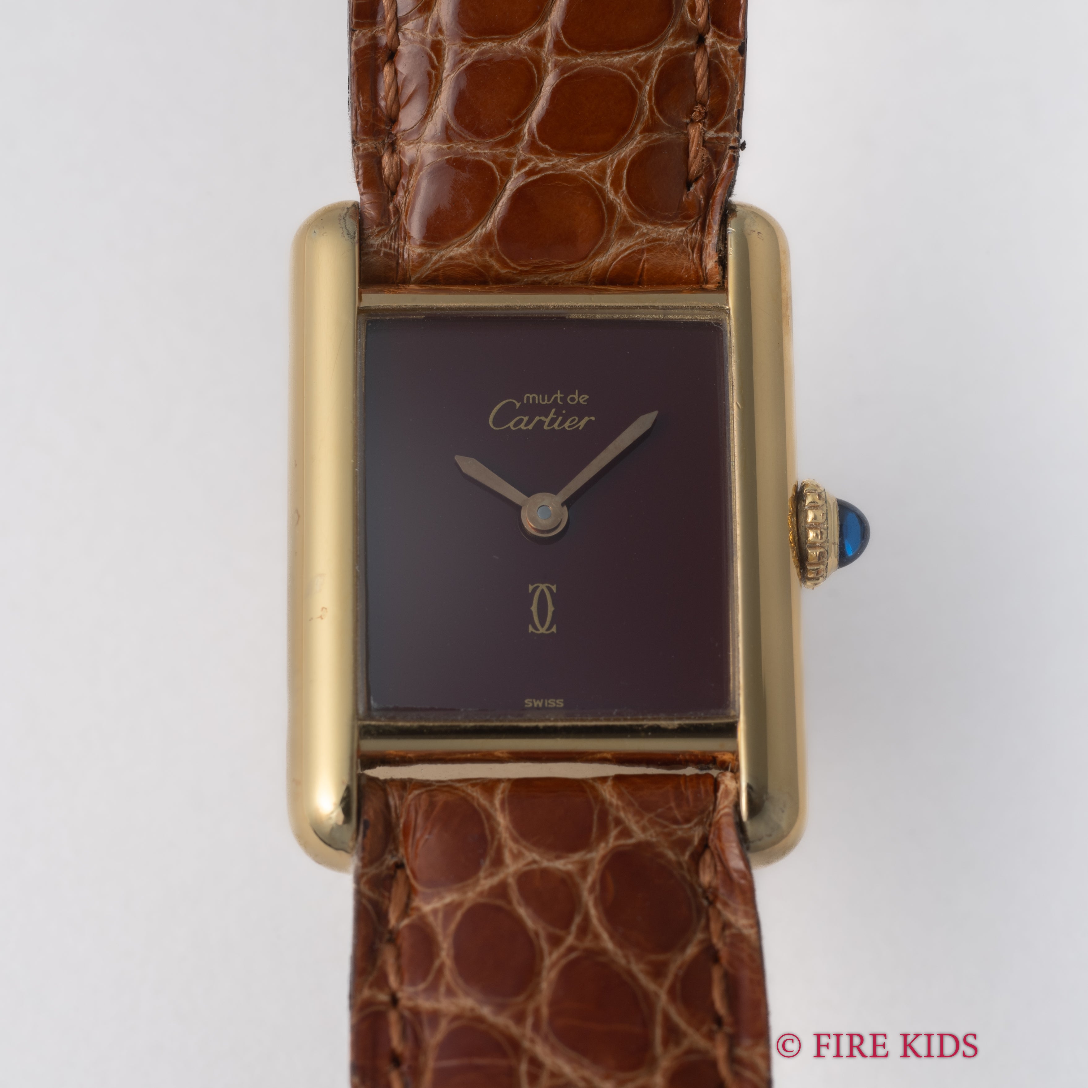 カルティエ マストタンク 1980年代製 SMサイズ 手巻き ボルドーダイヤル 純正革ベルト、純正Dバックル付き