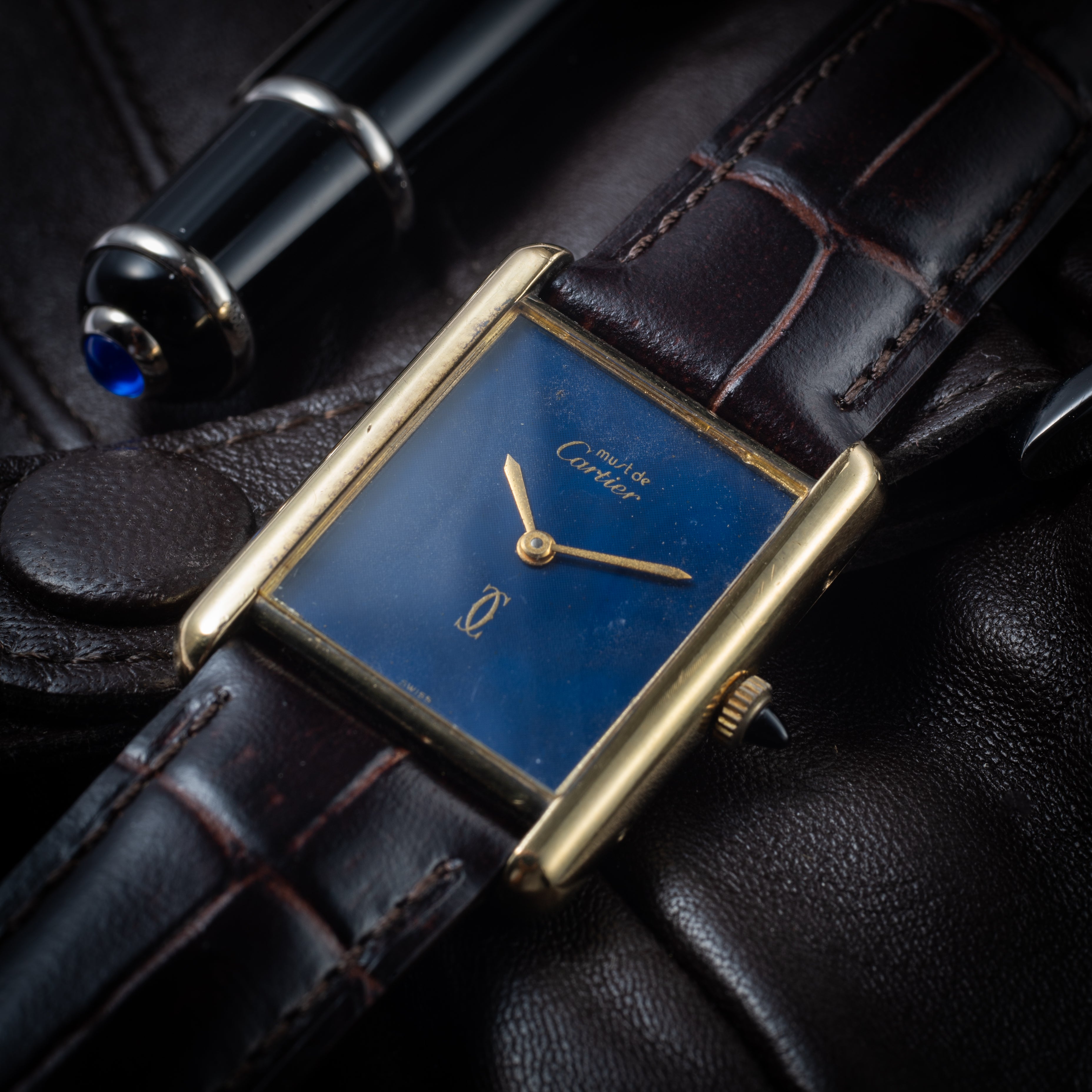 カルティエ マストタンク 1980年代製 LMサイズ ブルーダイヤル 純正尾錠付き