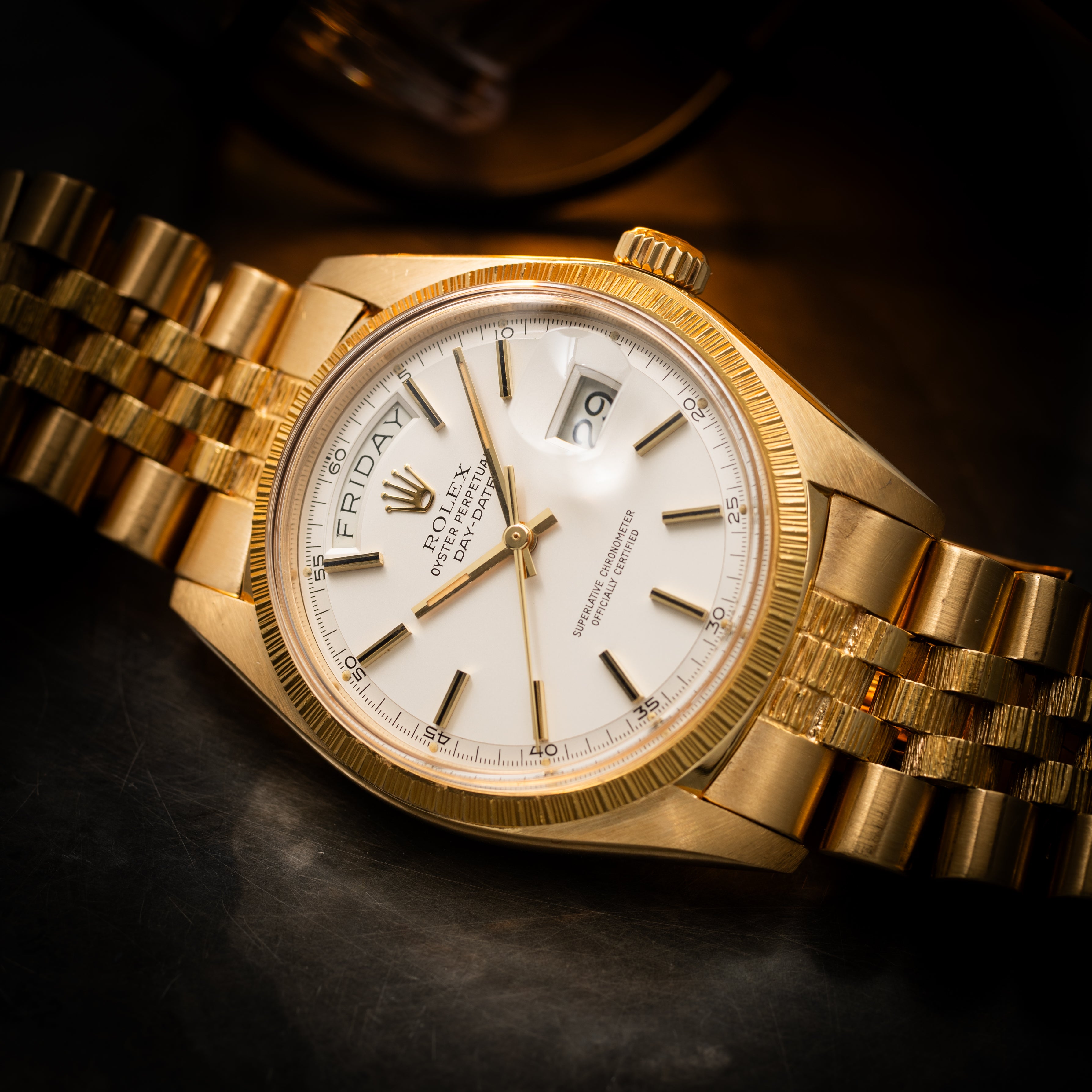 ロレックス デイデイト 1973年製 Ref.1807 18金イエローゴールド バークベゼル、ブレス