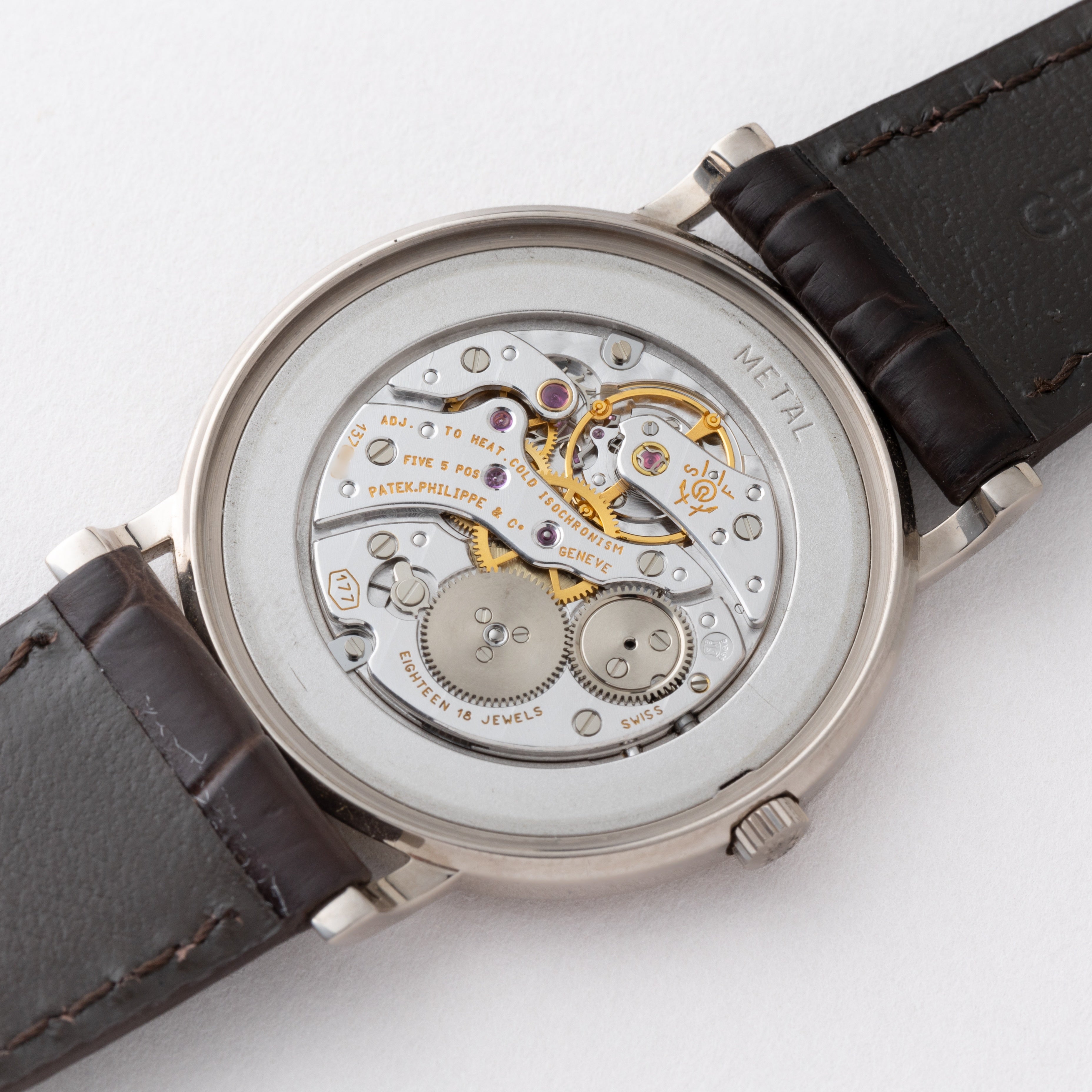 パテックフィリップ 1990年代製 18KWG ラウンドケース ホワイトローマンダイヤル 手巻き 純正中古革ベルト付き
