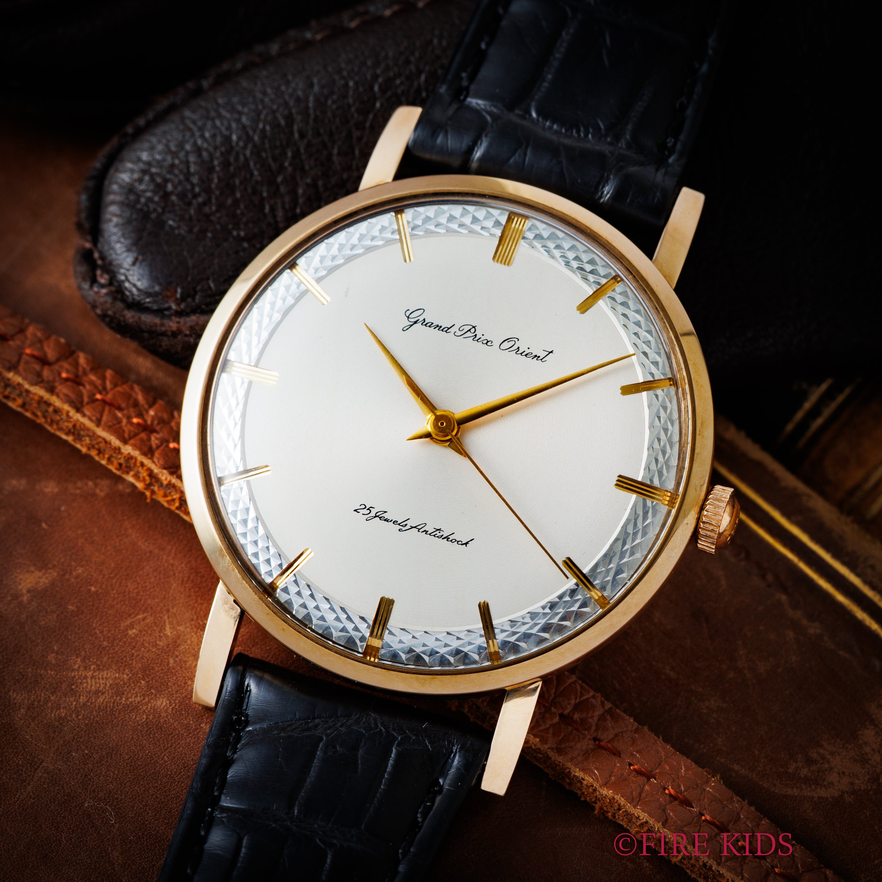 オリエント グランプリオリエント 1960年代製 14金張りケース 手巻き 変わり文字盤 純正尾錠、革ベルト、タグ付き 美品