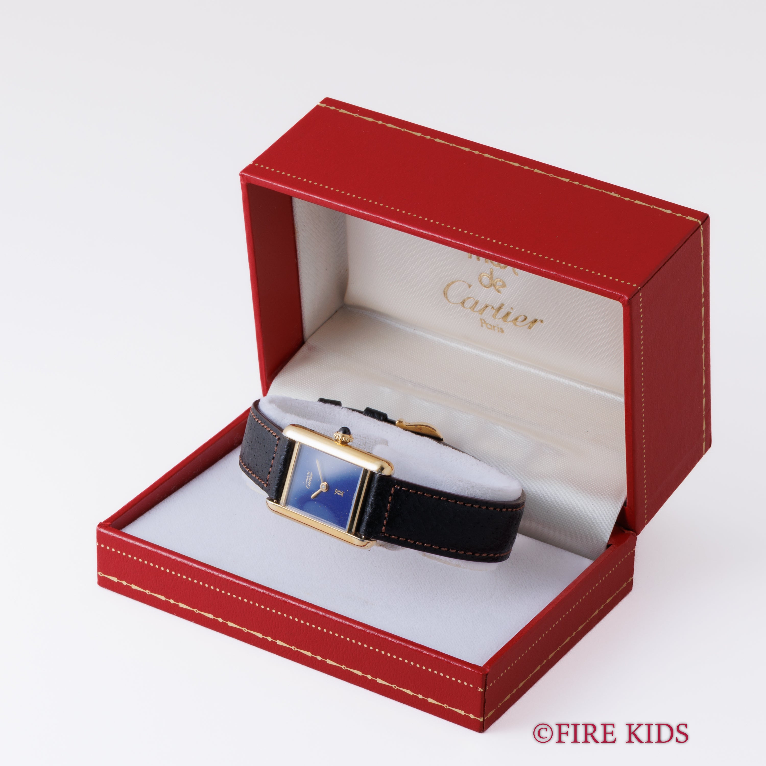 カルティエ マストタンク 1980年代製 SMサイズ 手巻き ラピスブルーダイヤル 純正尾錠付き 箱、中古純正革ベルト付き