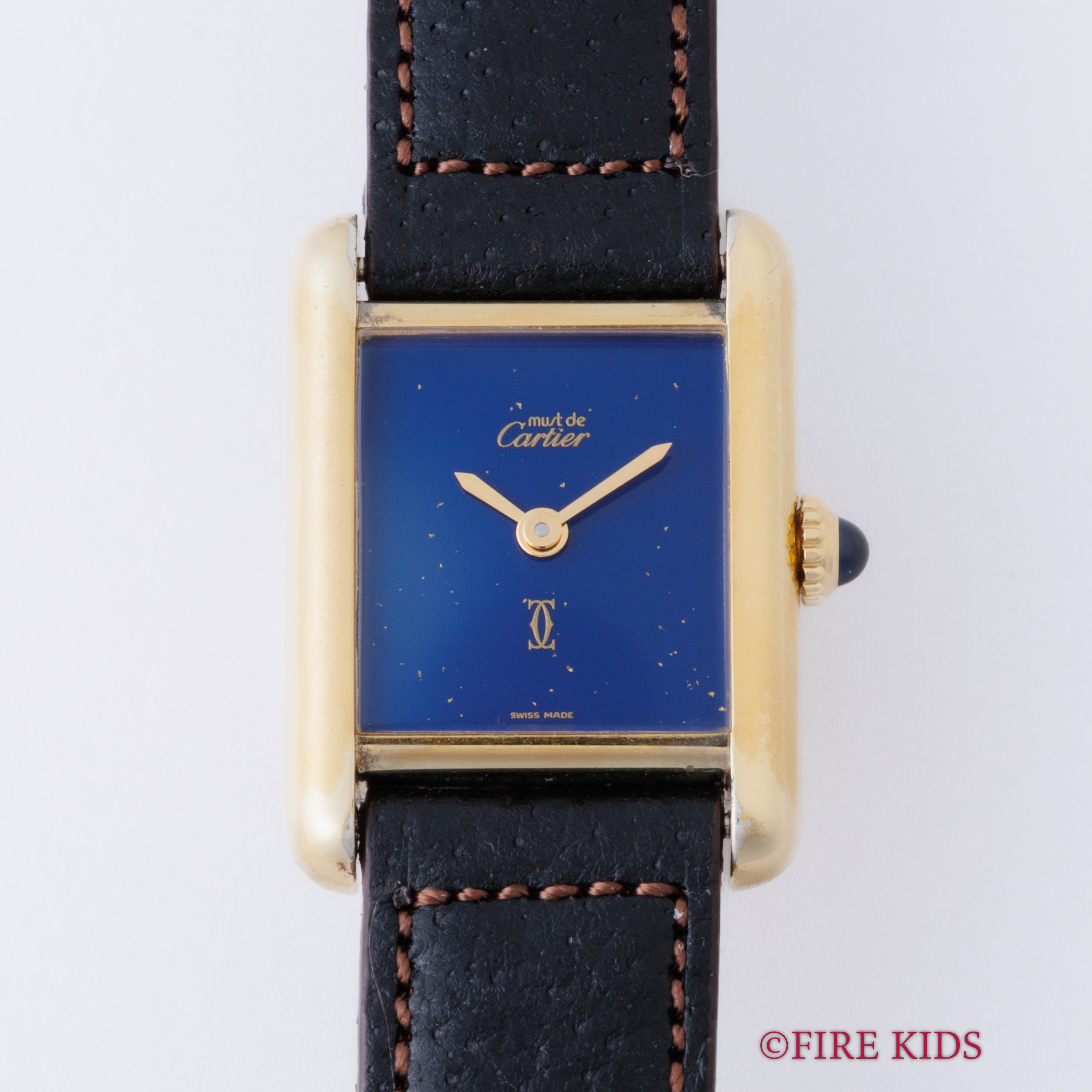 カルティエ マストタンク 1980年代製 SMサイズ 手巻き ラピスブルーダイヤル 純正尾錠付き 箱、中古純正革ベルト付き