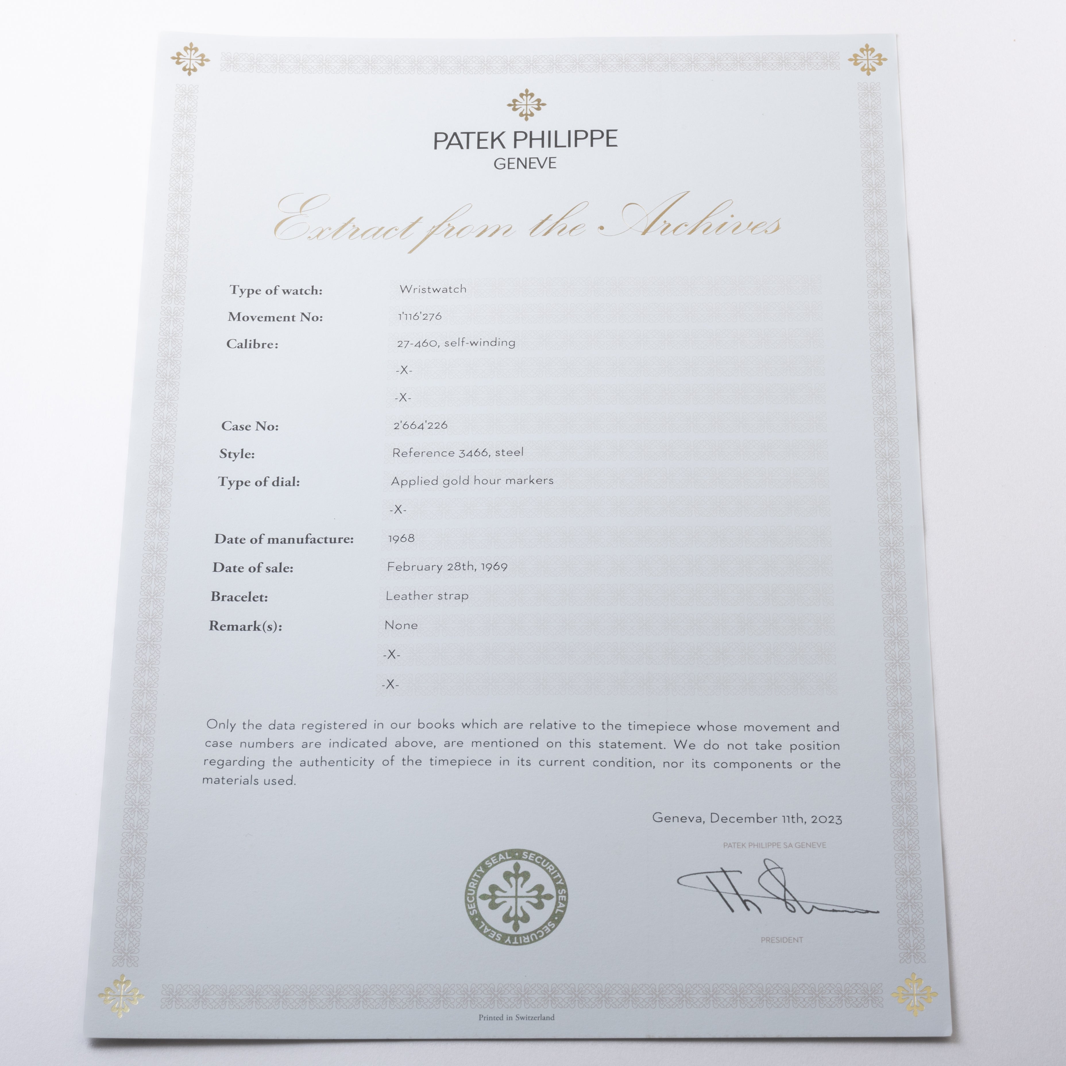 パテックフィリップ カラトラバ 1968年製 Ref.3466 Cal.27-460 ステンレスケース オートマチック スモールセコンド アーカイブ付き