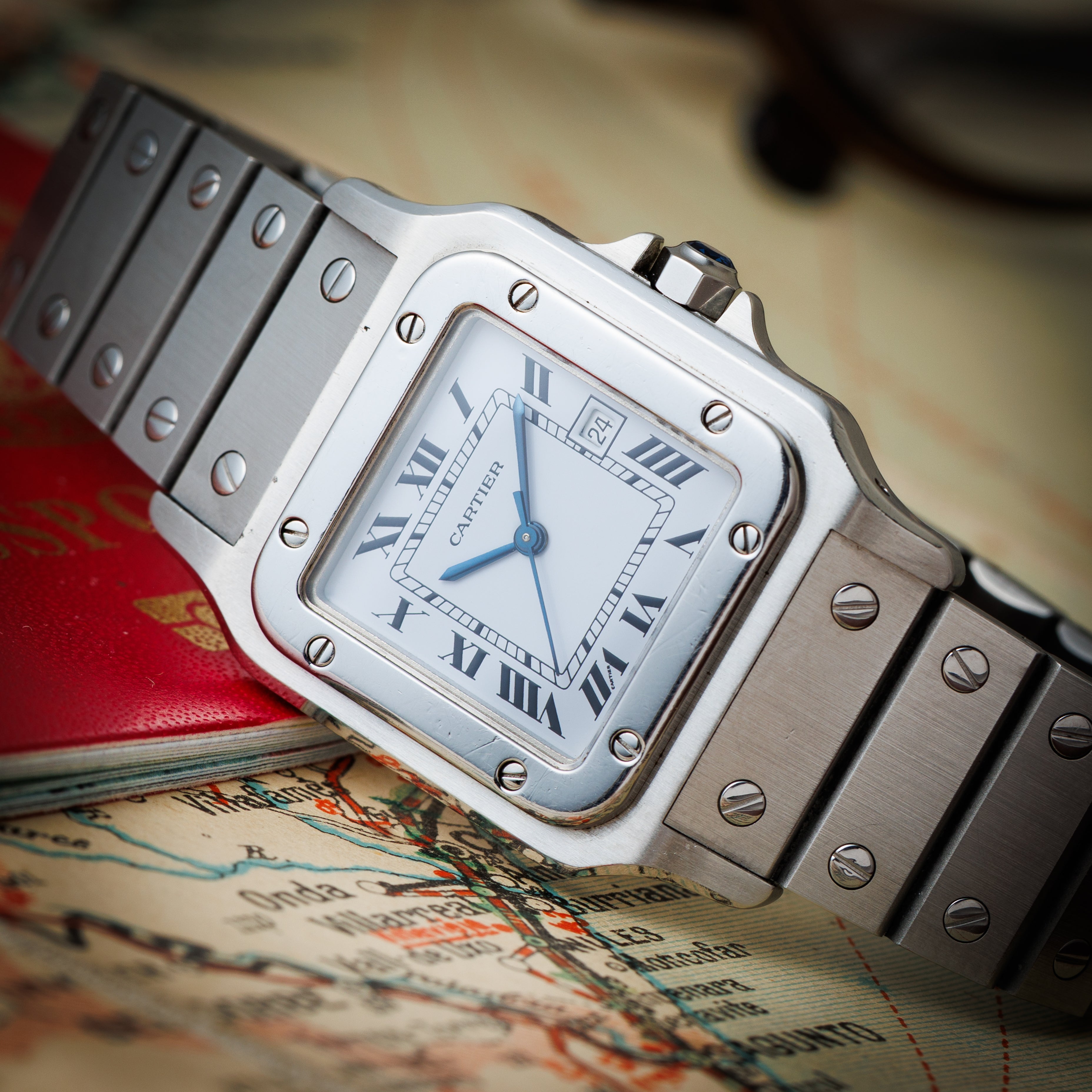 カルティエ サントス LMサイズ 1980年(昭和55年)発行ギャラ付 Ref.2960 ステンレスケース 自動巻き 修理明細 ポーチ付き