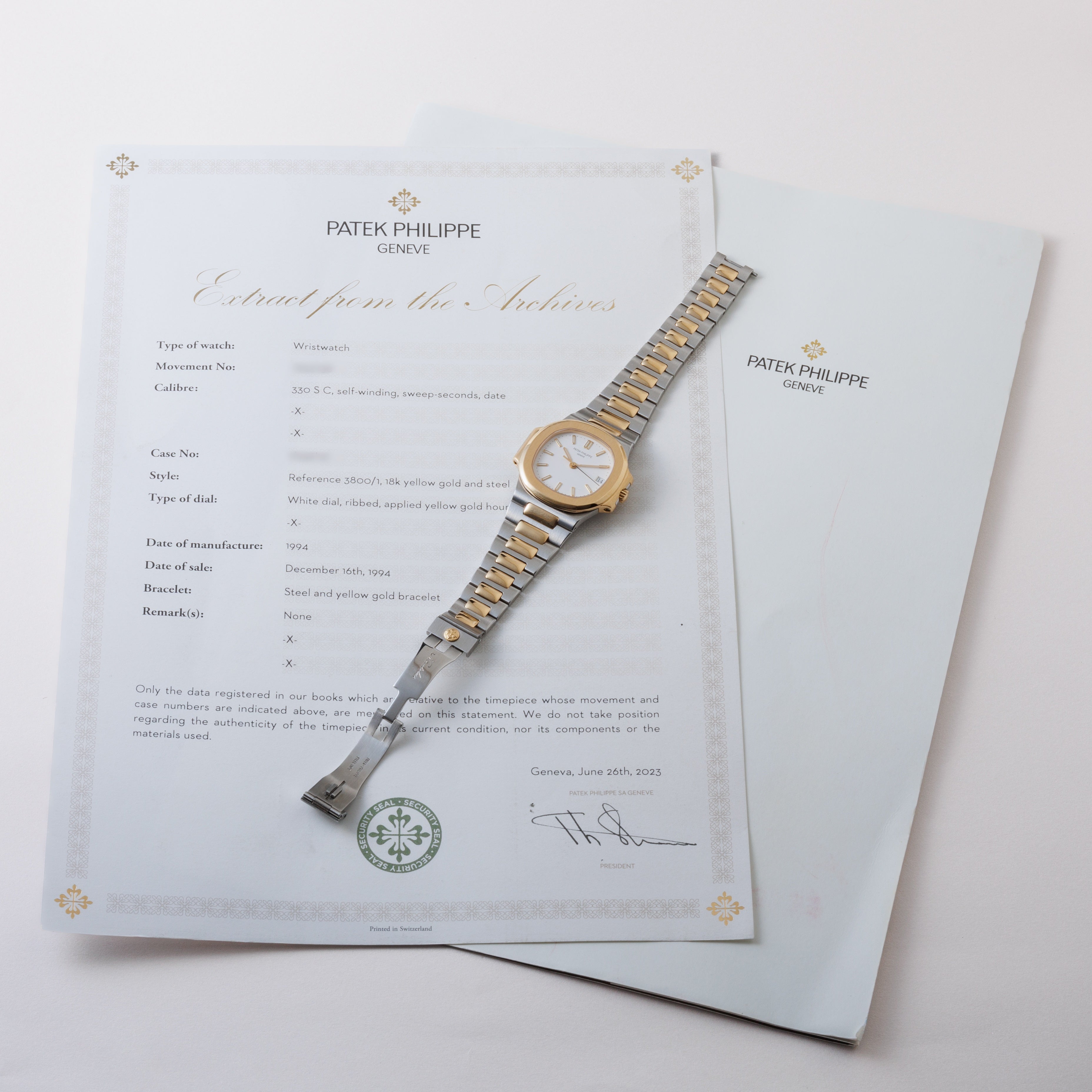 パテックフィリップ ノーチラス 1994年製 Ref.3800/1JA アーカイブ付き