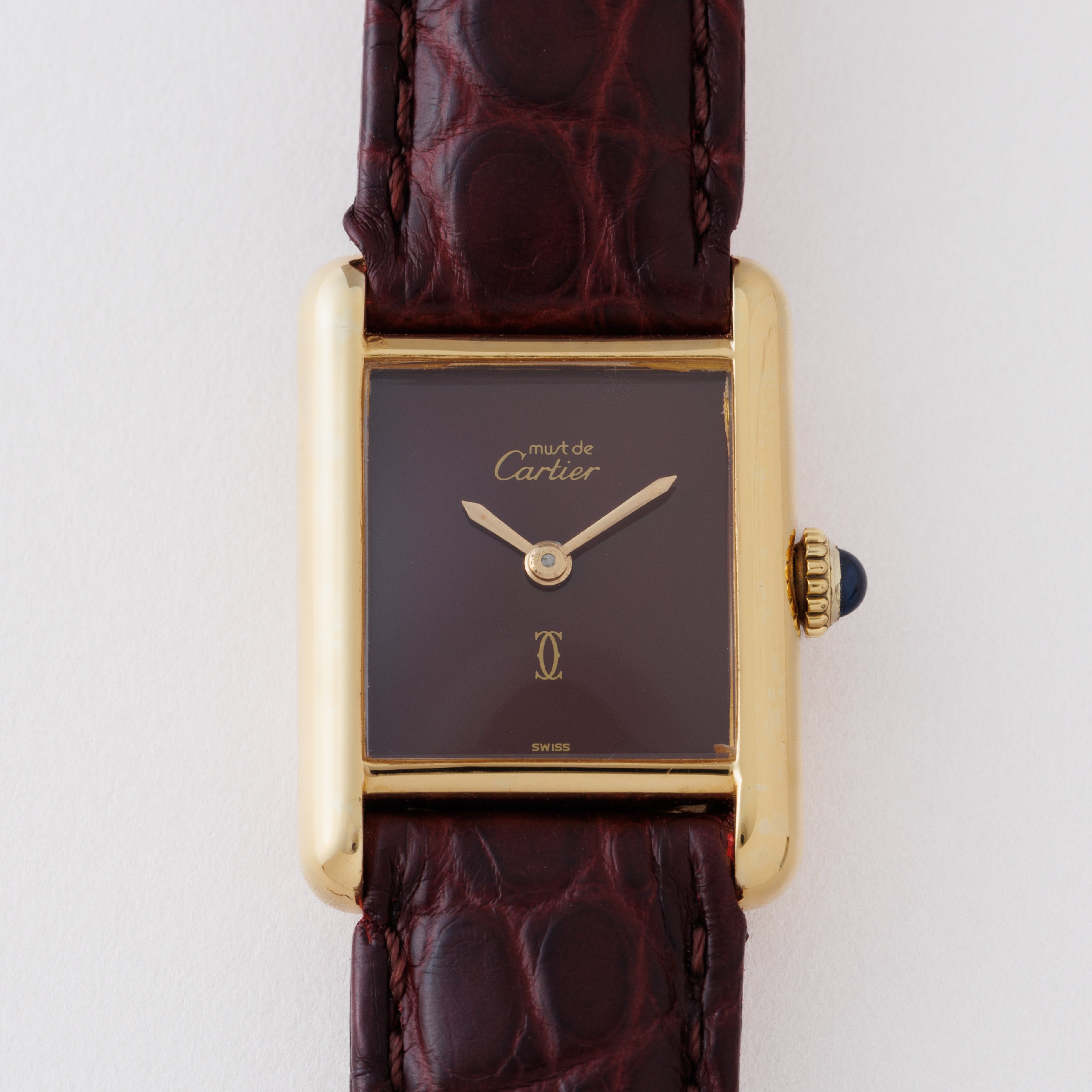 カルティエ マストタンク SMサイズ 1980年代製 ガーネットダイヤル 純正Dバックル付き