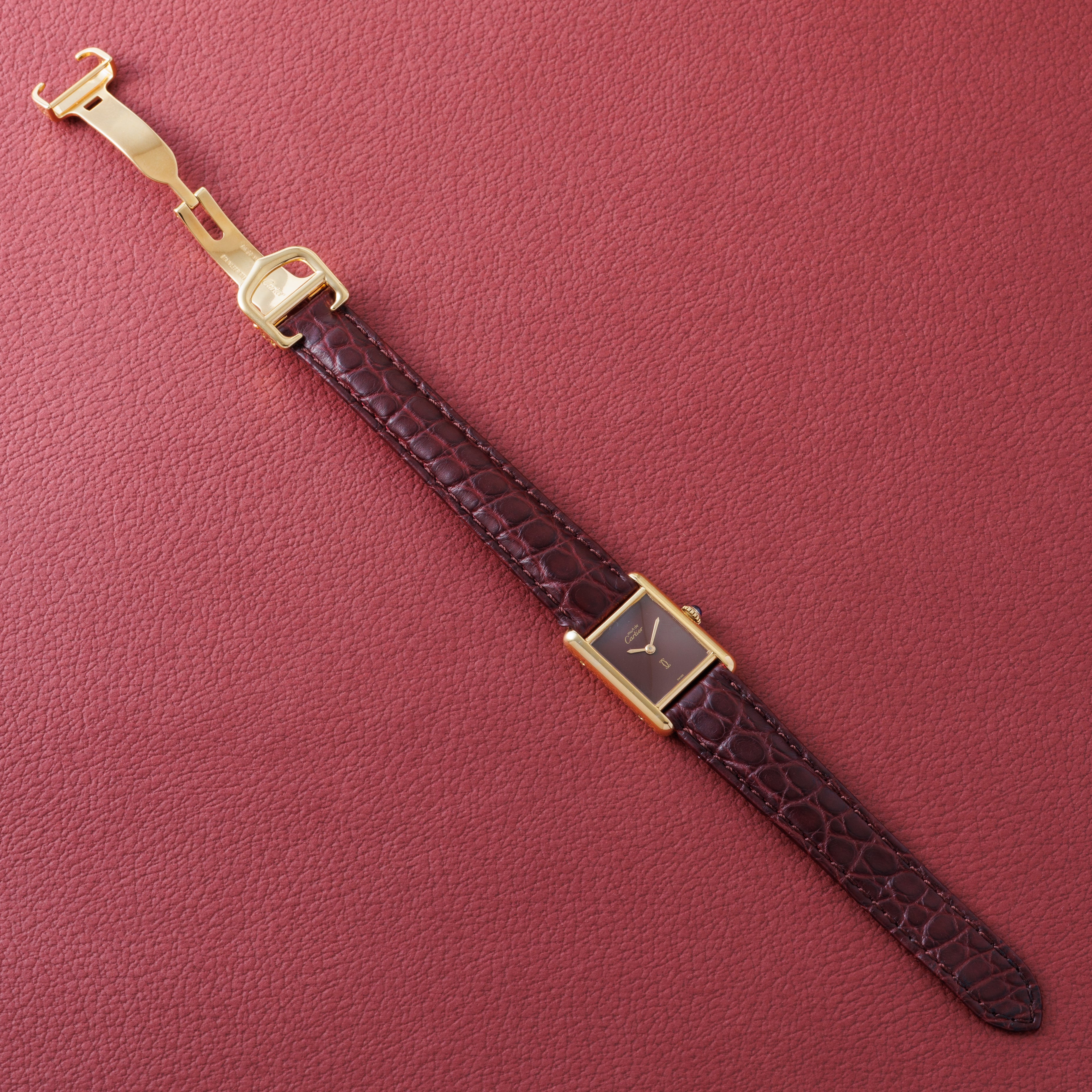 カルティエ マストタンク SMサイズ 1980年代製 ガーネットダイヤル 純正Dバックル付き