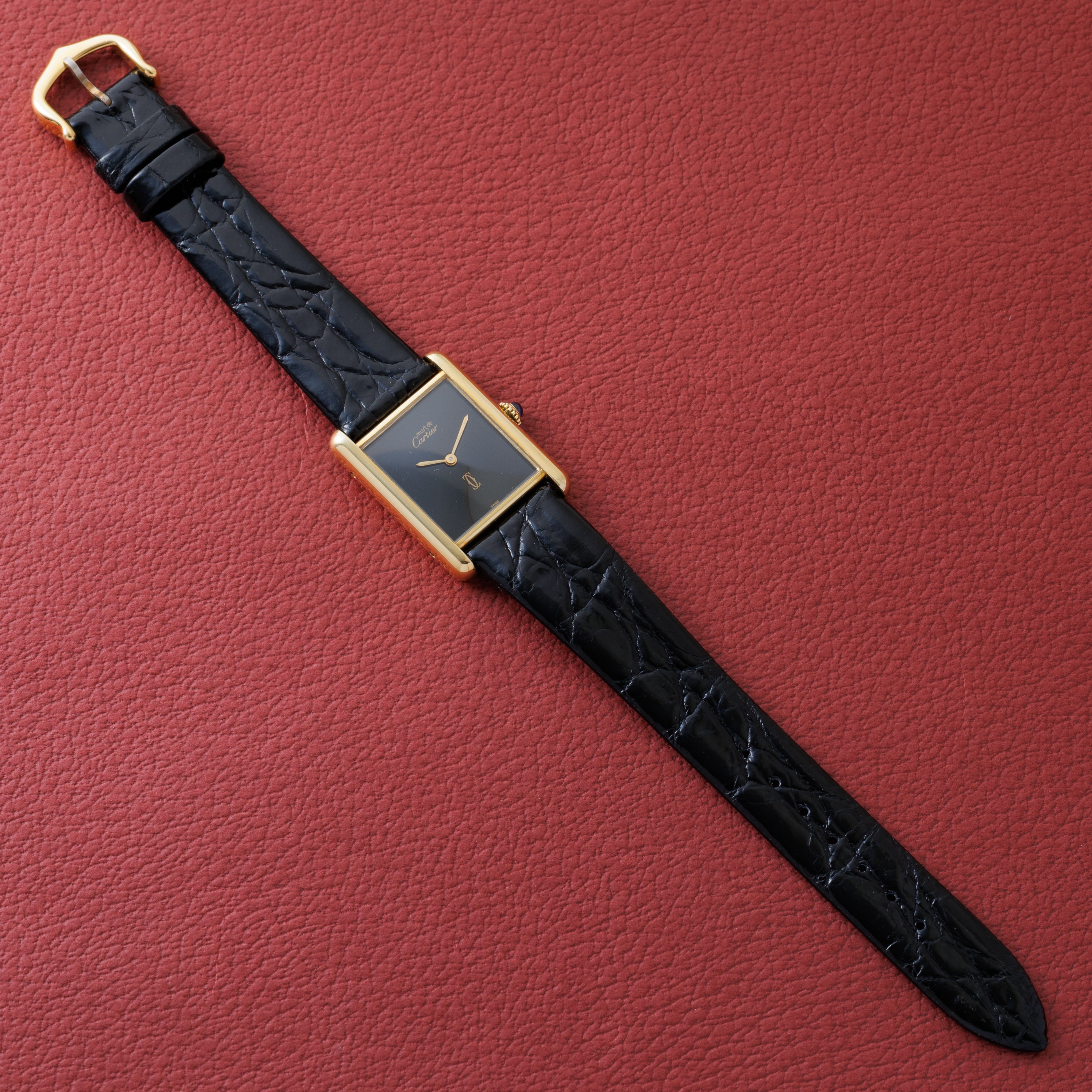 カルティエ マストタンク LMサイズ 1980年代製 ブラックダイヤル 純正尾錠付き