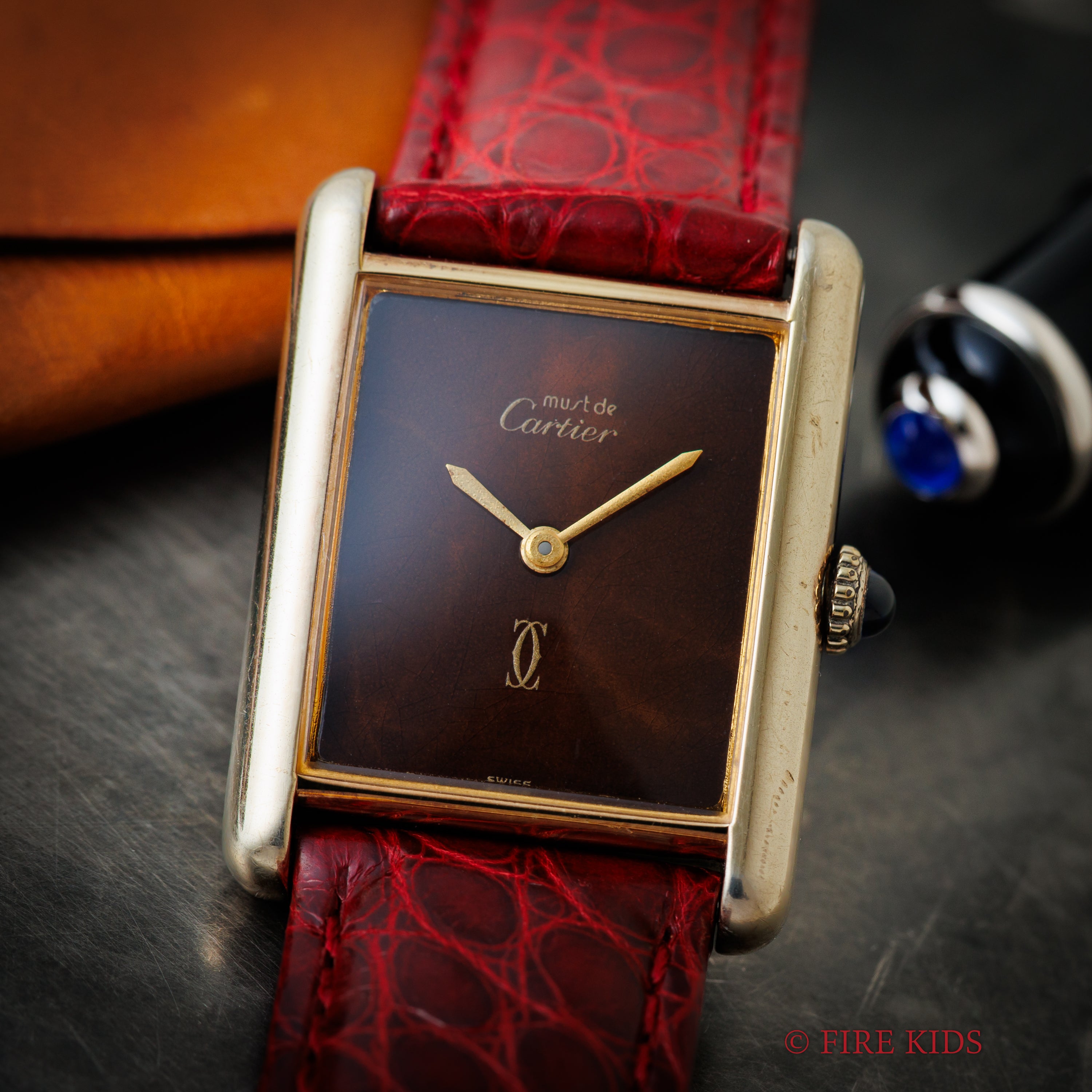 カルティエ マストタンク LMサイズ 手巻き 1980年代製 ブラウンマーブルダイヤル 純正Dバックル