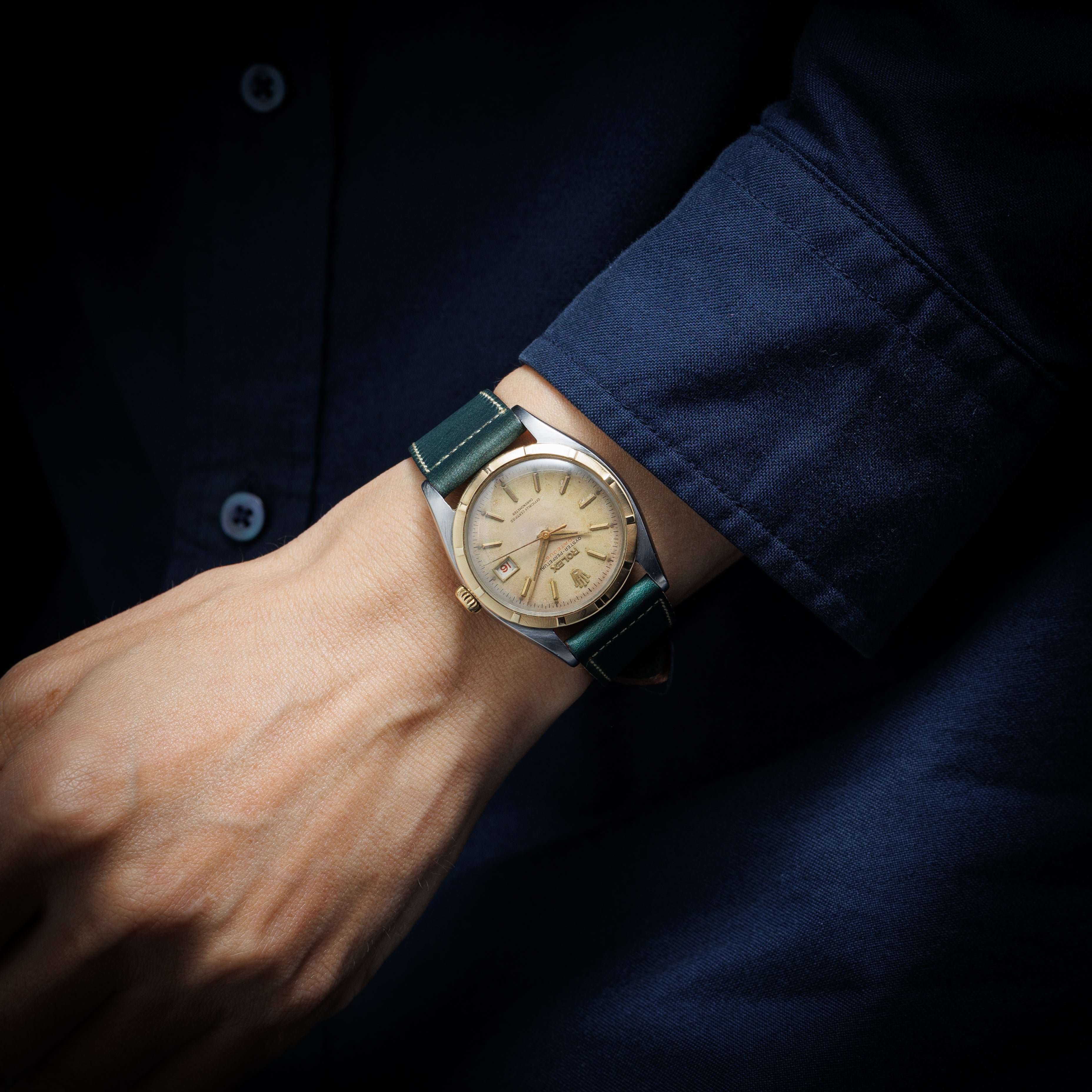 ロレックス 初期デイトジャスト コンビ ovettone 1950年代製 Ref.6075 ビッグバブルバック 赤黒カレンダー