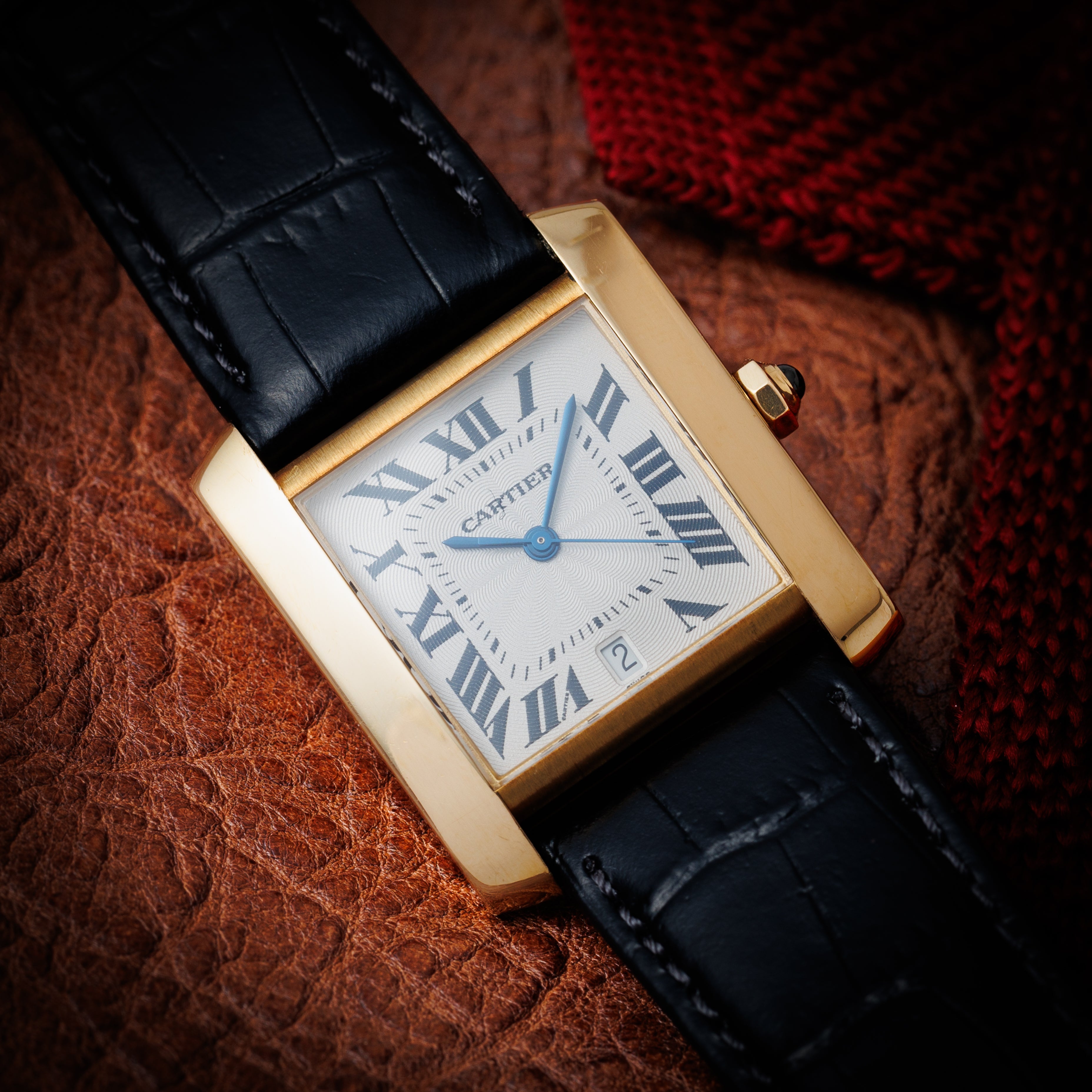 カルティエ 18金無垢タンク フランセーズ LMサイズ 1990年代製 ギョーシェダイヤル 純正尾錠付き