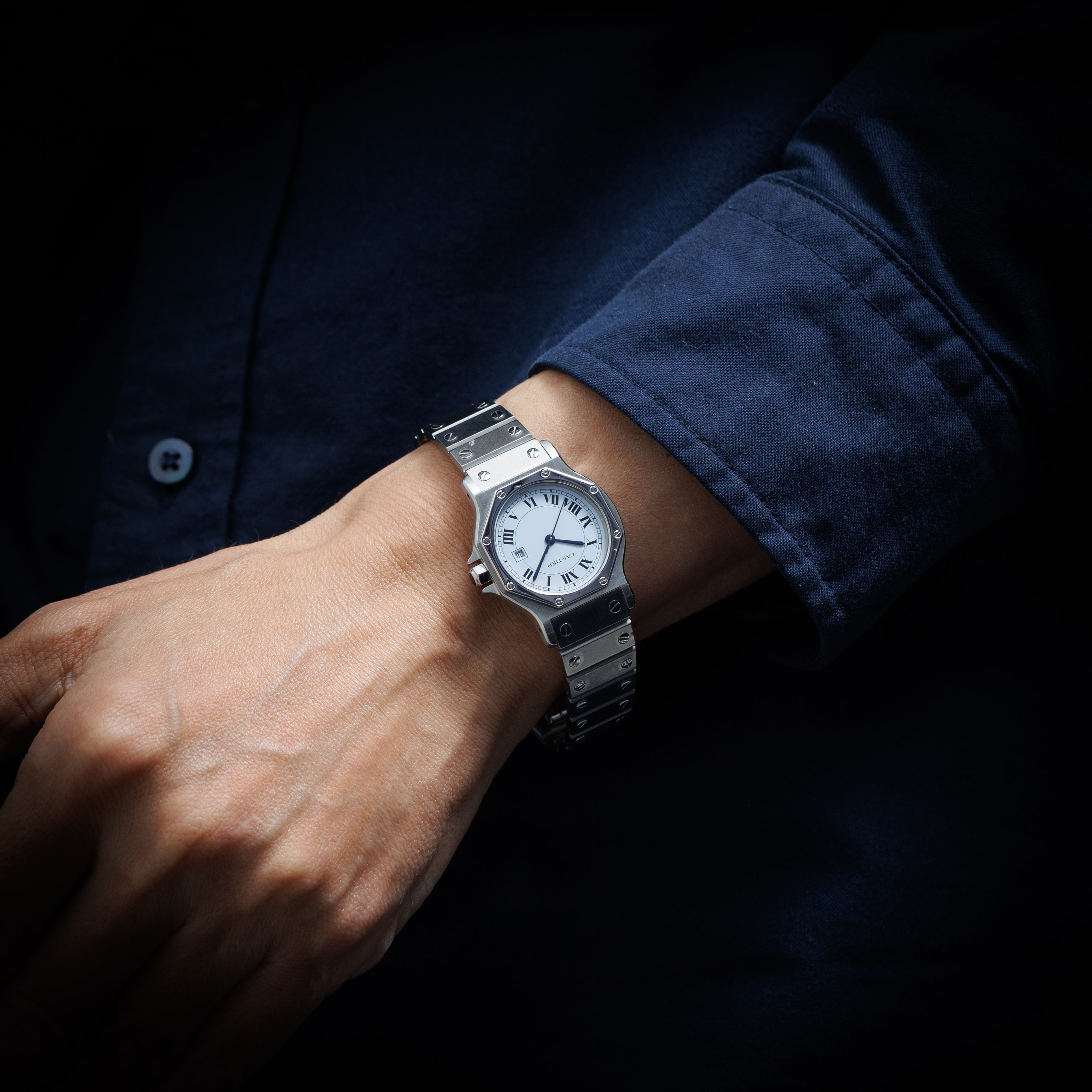 カルティエ サントス オクタゴン 1980年代製 Ref.2965 LMサイズ SS ホワイトローマンダイヤル 箱付き