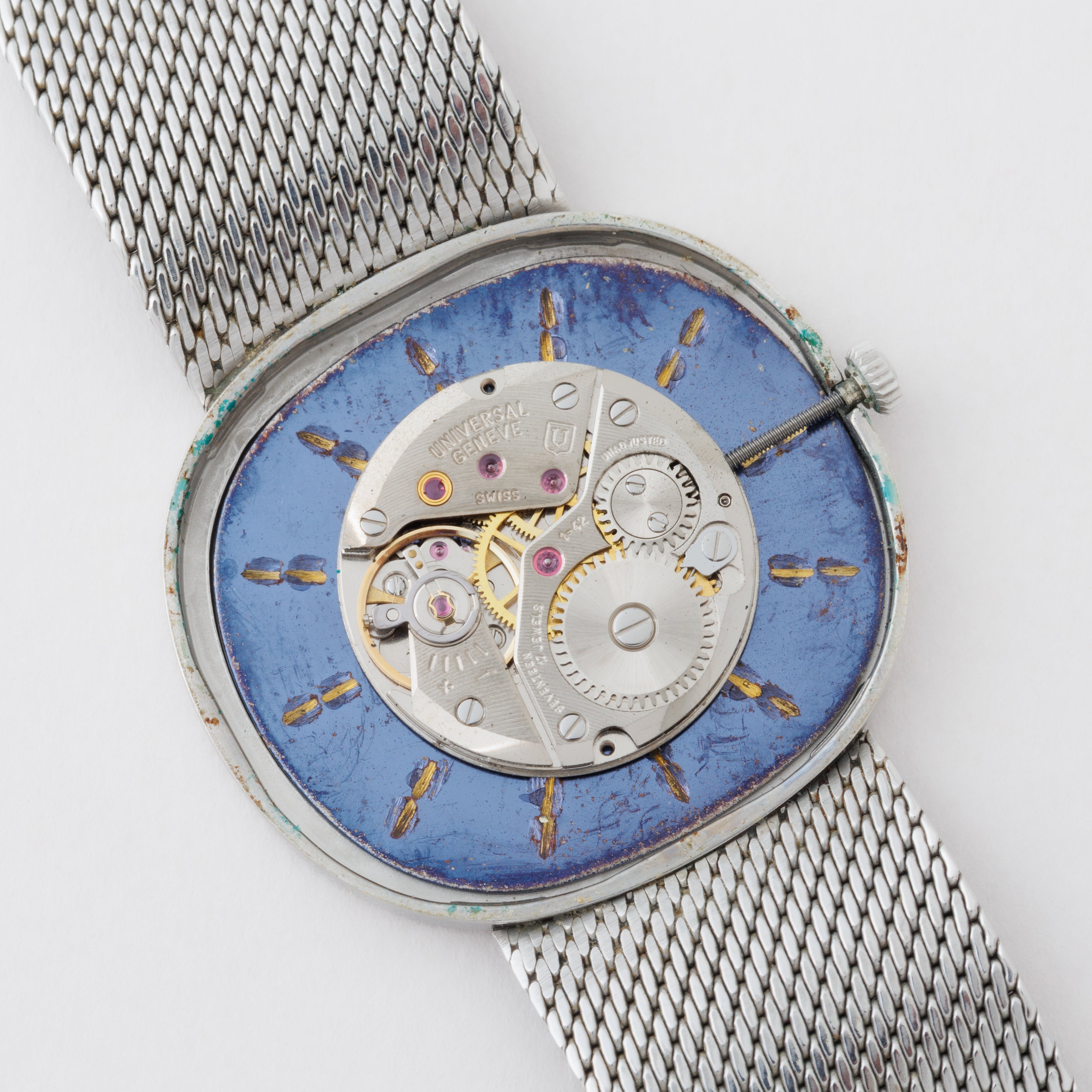 ユニバーサルジュネーブ オーバル型 1960年代 Ref.842125 手巻き ブルーダイヤル 純正メッシュブレス