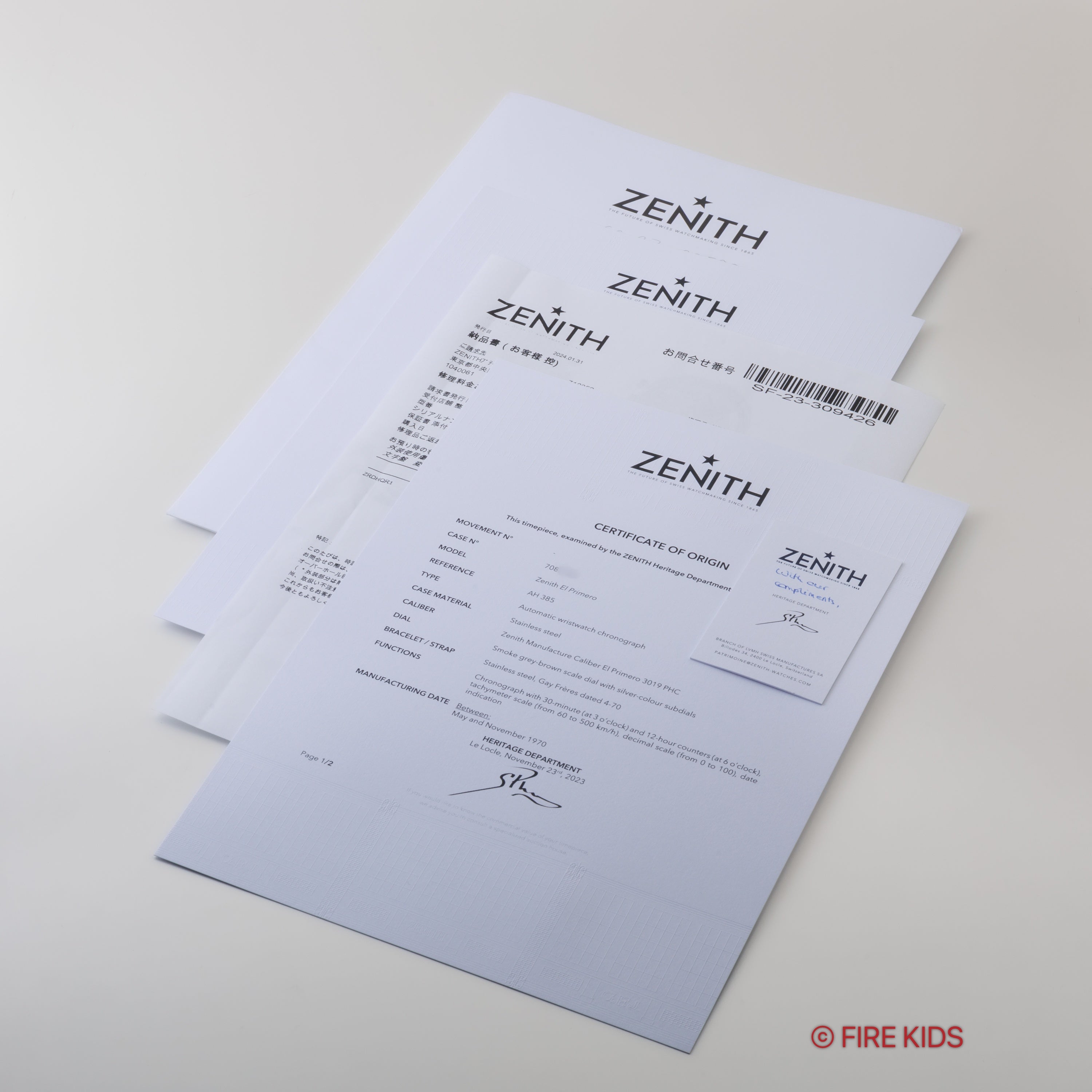 ゼニス エルプリメロ 1970年製(昭和45年製) Ref.A385 ケース、アーカイブ、2024年1月本国修理納品書付き