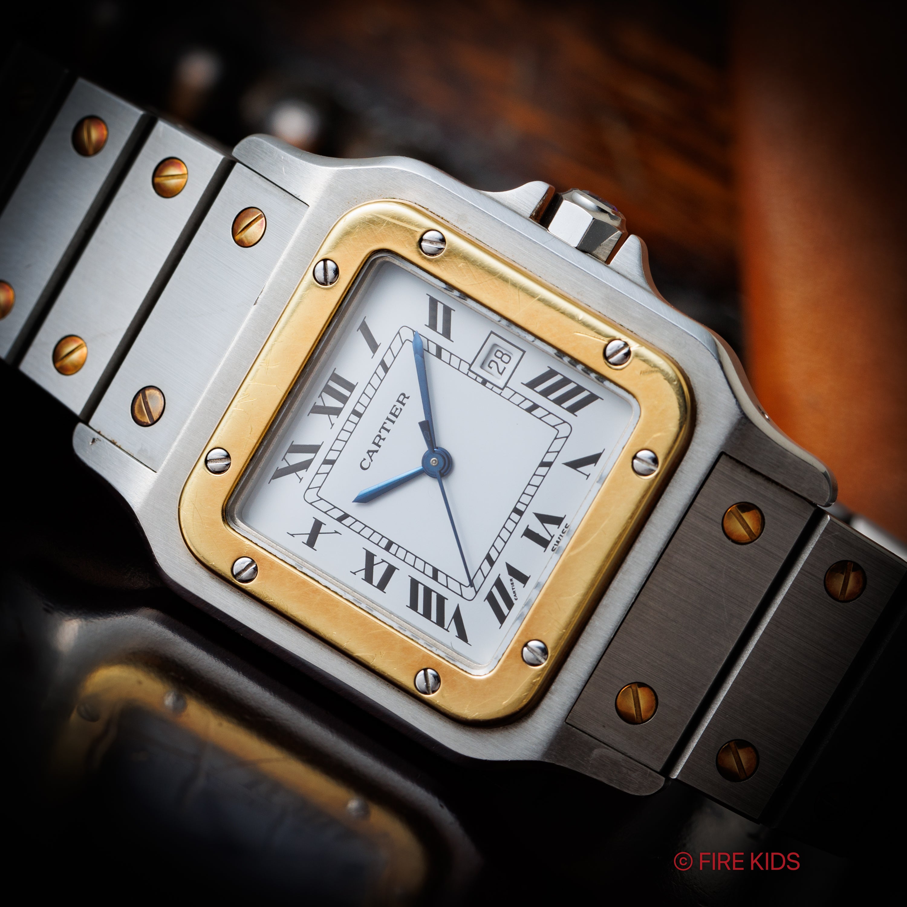 カルティエ サントス LMサイズ コンビ 自動巻き 1980年代製 ホワイトローマン 箱、ギャラ付