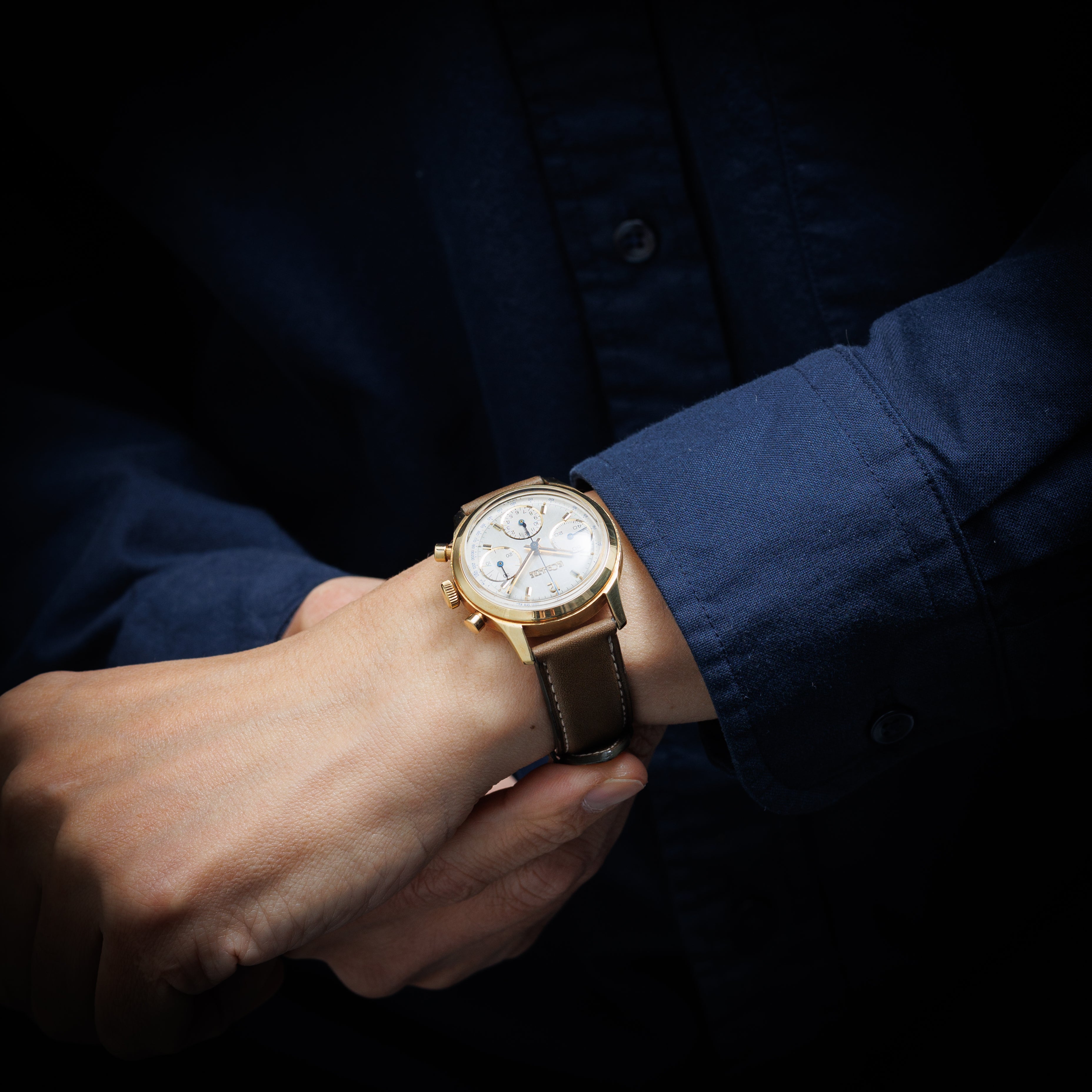 ルクルト 18金無垢防水ケース 3レジスタークロノグラフ バルジュー72搭載 1960年代製トリプルサイン