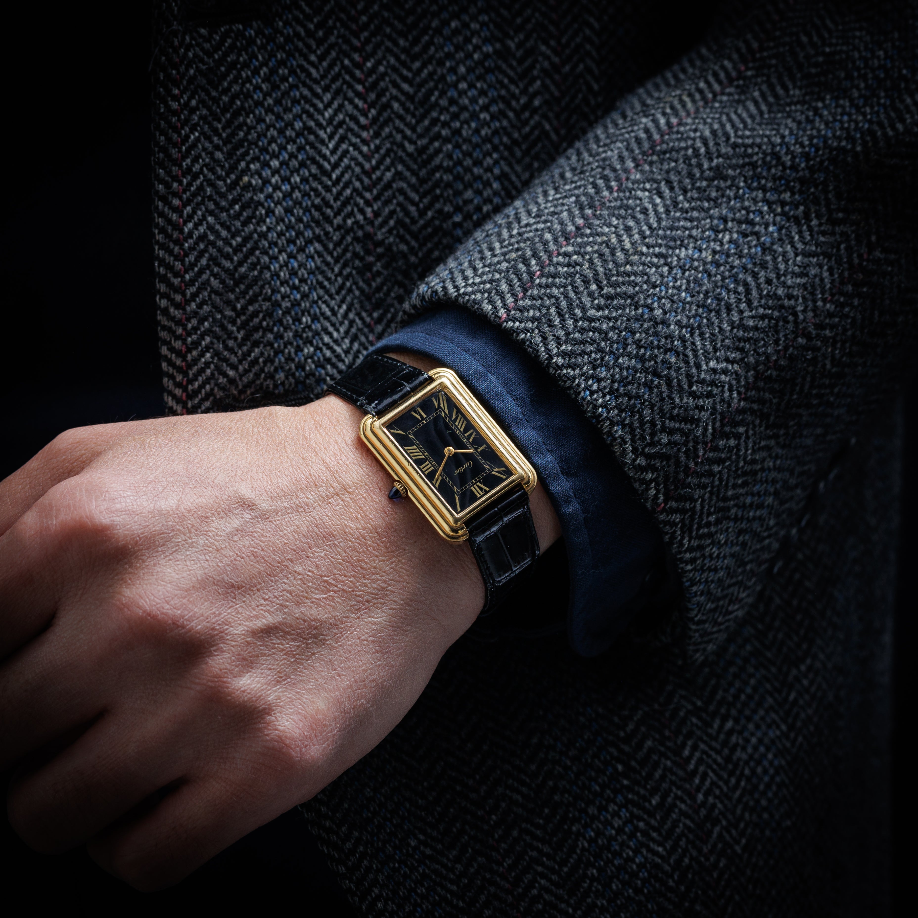 カルティエ ステップドタンク NYCモデル 1970年代製 Ref.15716 ブラックローマン 純正尾錠付き