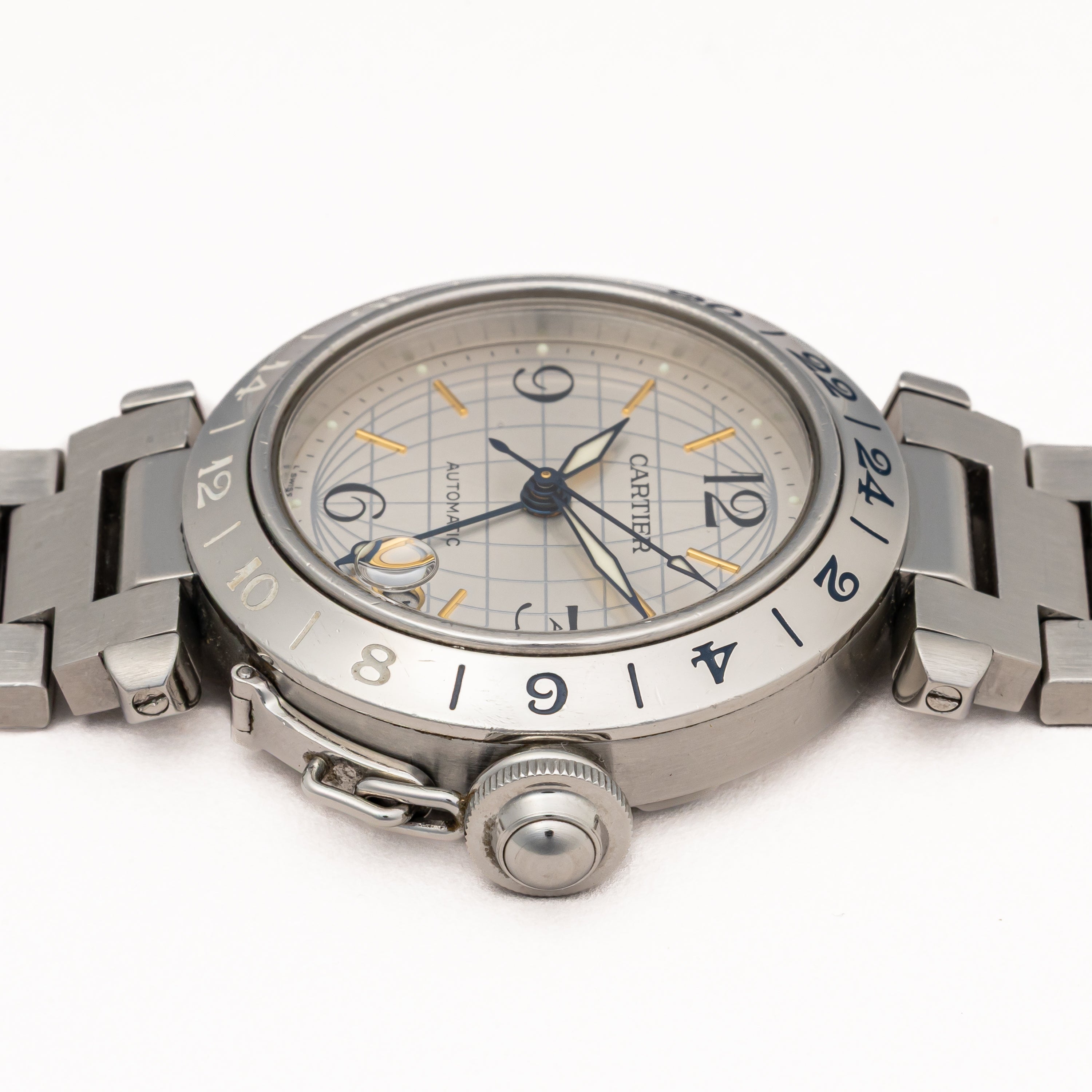 カルティエ パシャC メリディアン 2004年発行ギャラ Ref.2377 GMT シルバーダイヤル 箱、ギャラ付き