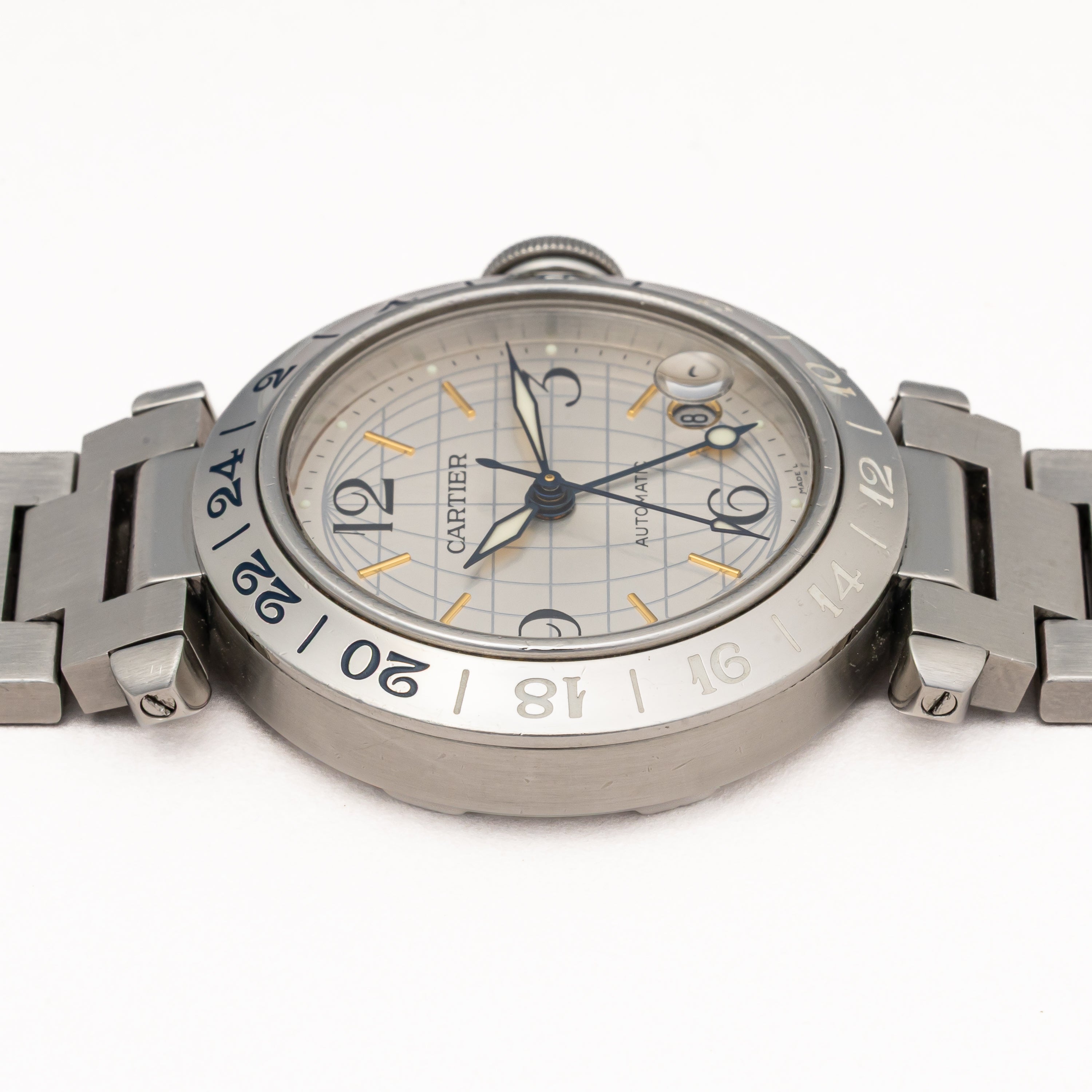 カルティエ パシャC メリディアン 2004年発行ギャラ Ref.2377 GMT シルバーダイヤル 箱、ギャラ付き