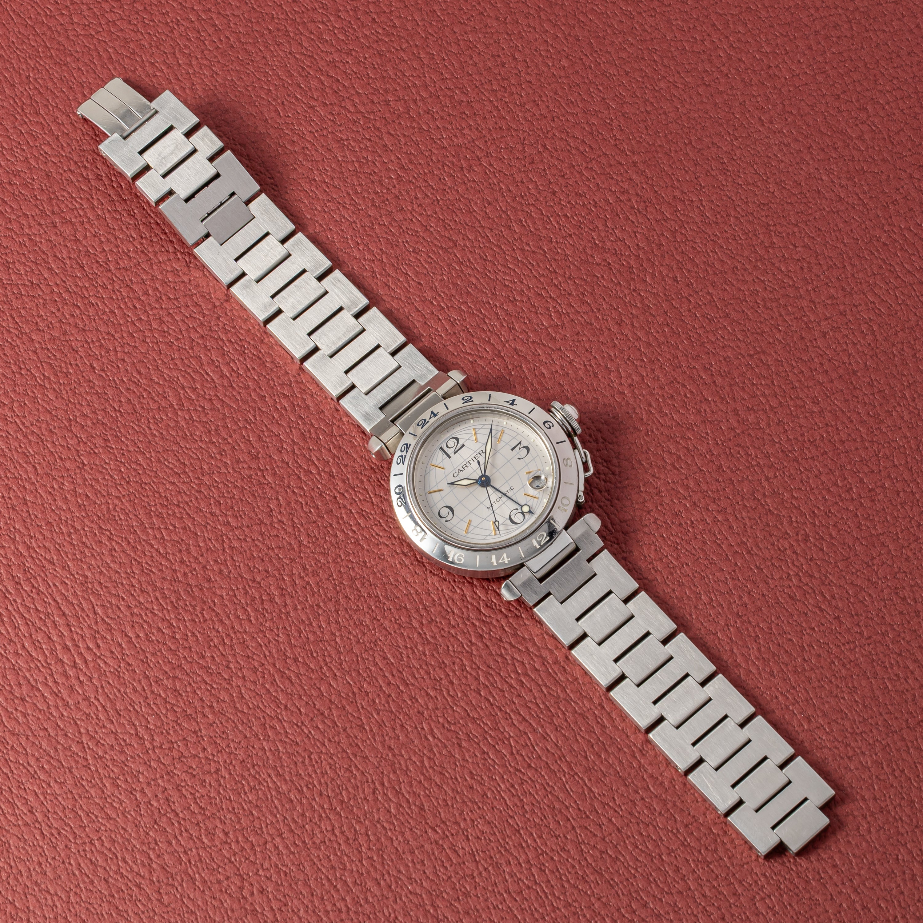 カルティエ パシャC メリディアン 2004年発行ギャラ Ref.2377 GMT シルバーダイヤル 箱、ギャラ付き