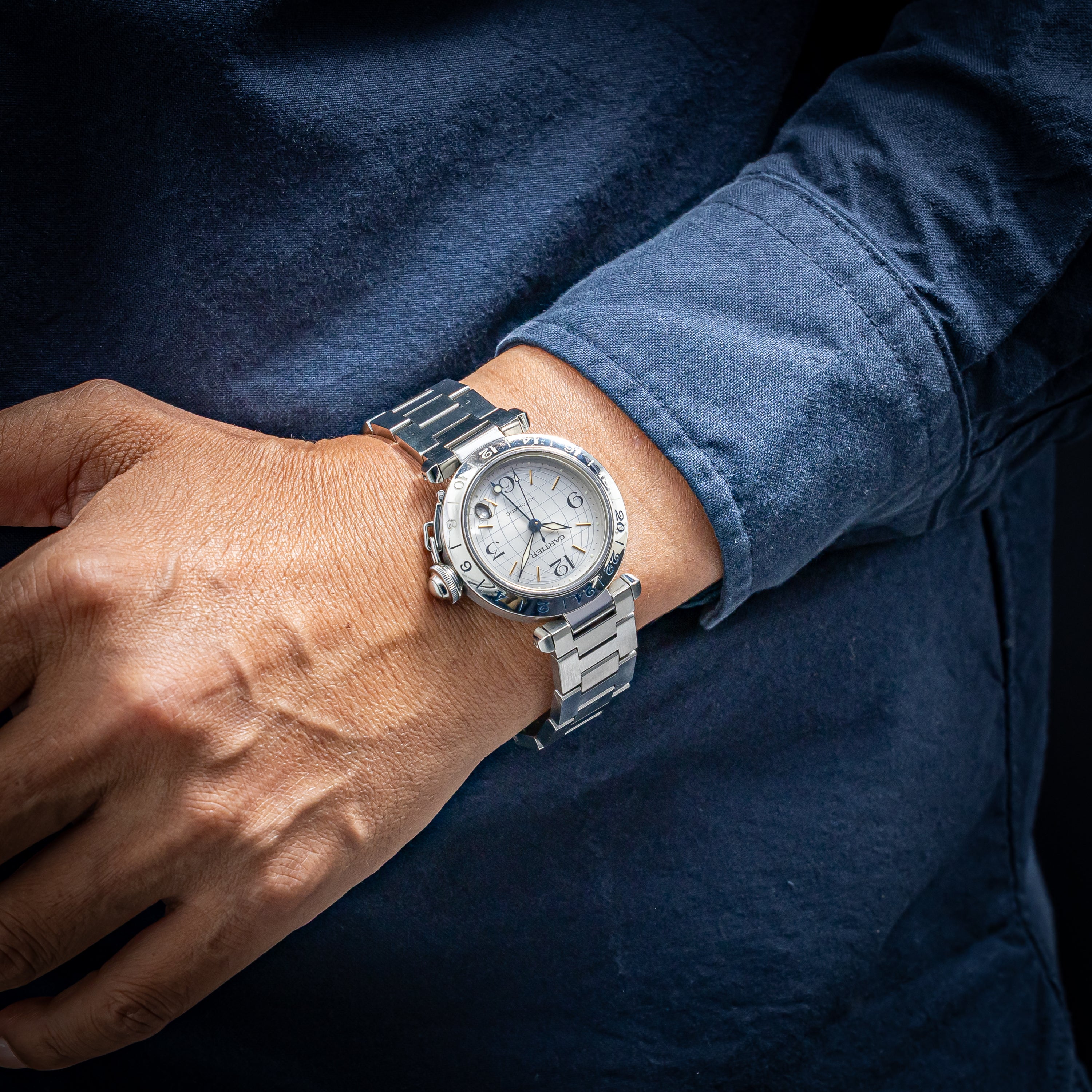 カルティエ パシャC メリディアン 2004年発行ギャラ Ref.2377 GMT シルバーダイヤル 箱、ギャラ付き