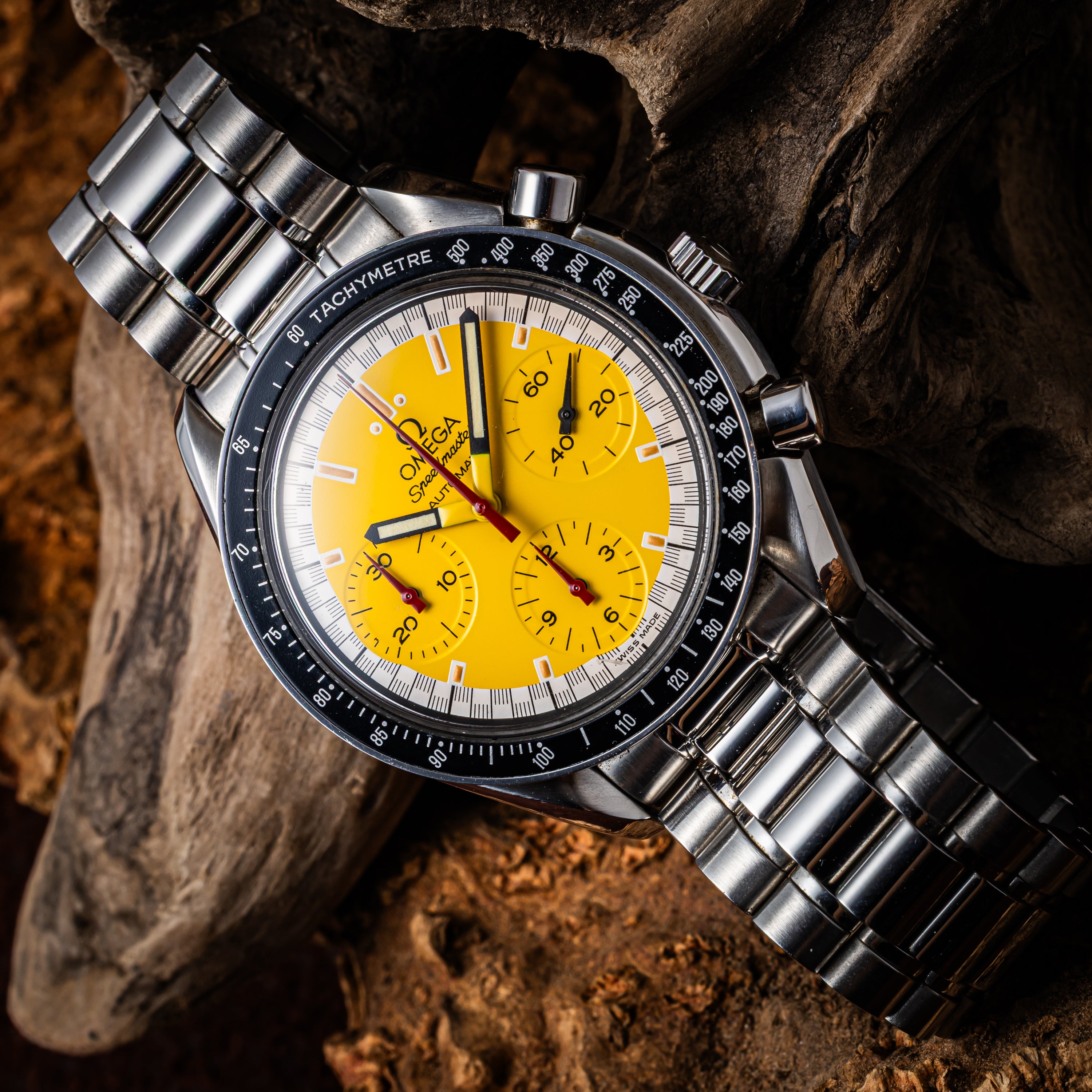 オメガ スピードマスター レーシング 1996年~1998年製 シューマッハ Ref.35101200/175.0032 イエローダイヤル 箱、ギャラ付き