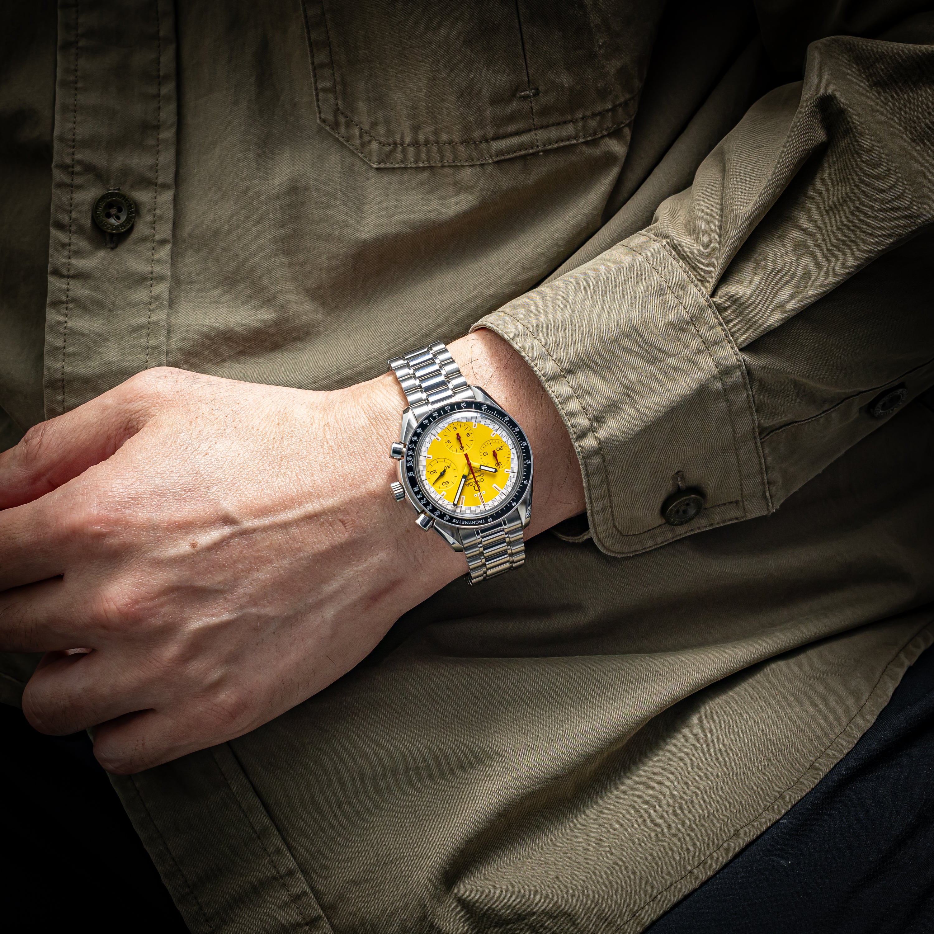 オメガ スピードマスター レーシング 1996年~1998年製 シューマッハ Ref.35101200/175.0032 イエローダイヤル 箱、ギャラ付き