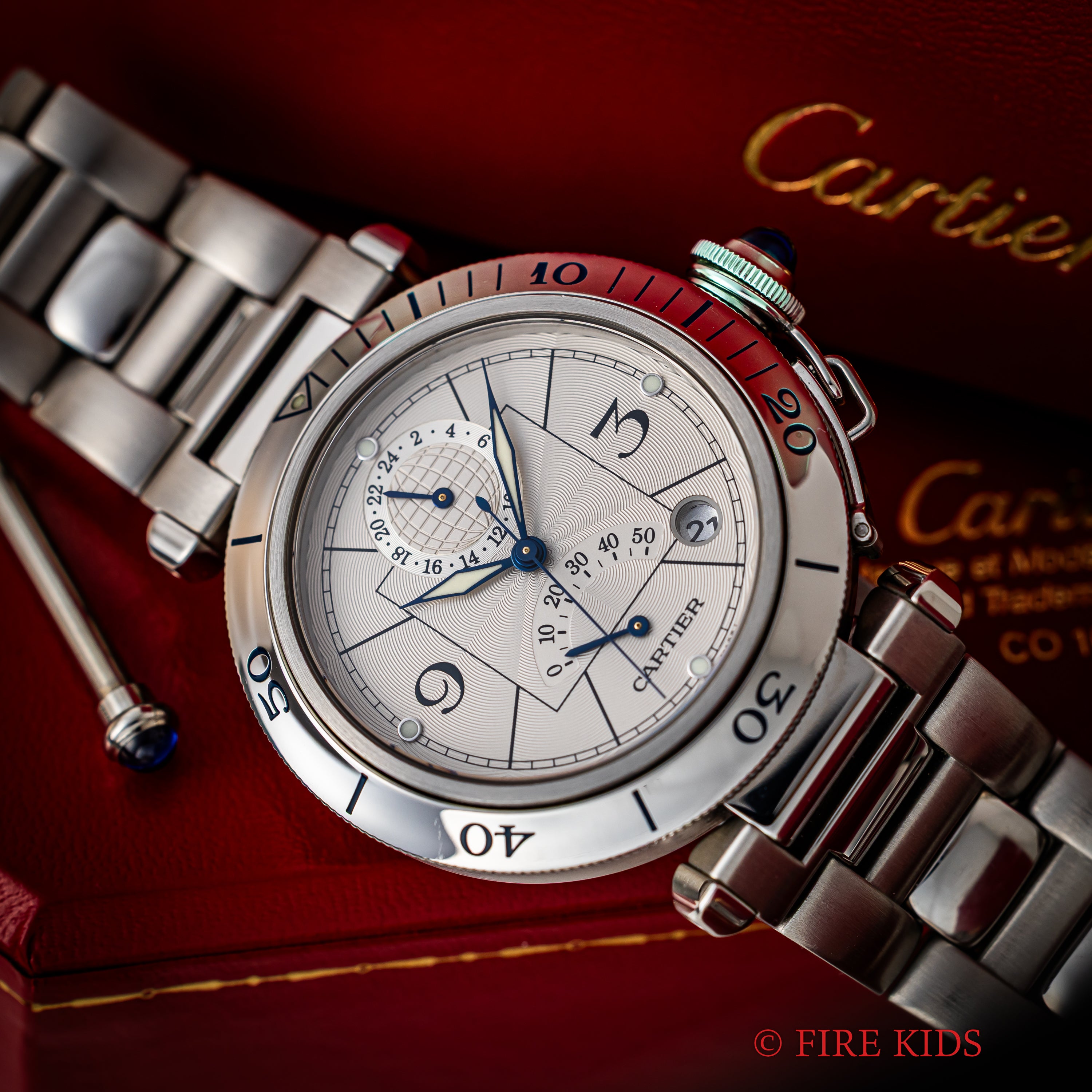 カルティエ パシャ シータイマーGMT 自動巻き 2001年販売ギャラ記載 自動巻き パワーリザーブ 38mmケース 箱 ギャラ付き