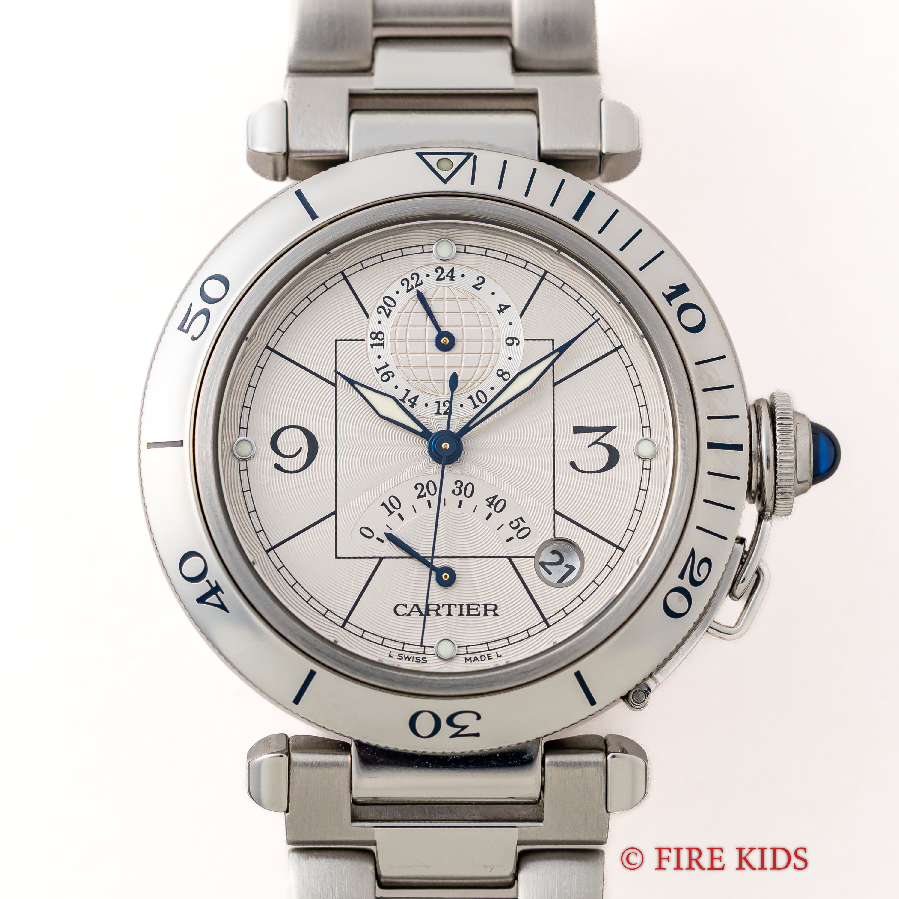 カルティエ パシャ シータイマーGMT 自動巻き 2001年販売ギャラ記載 自動巻き パワーリザーブ 38mmケース 箱 ギャラ付き