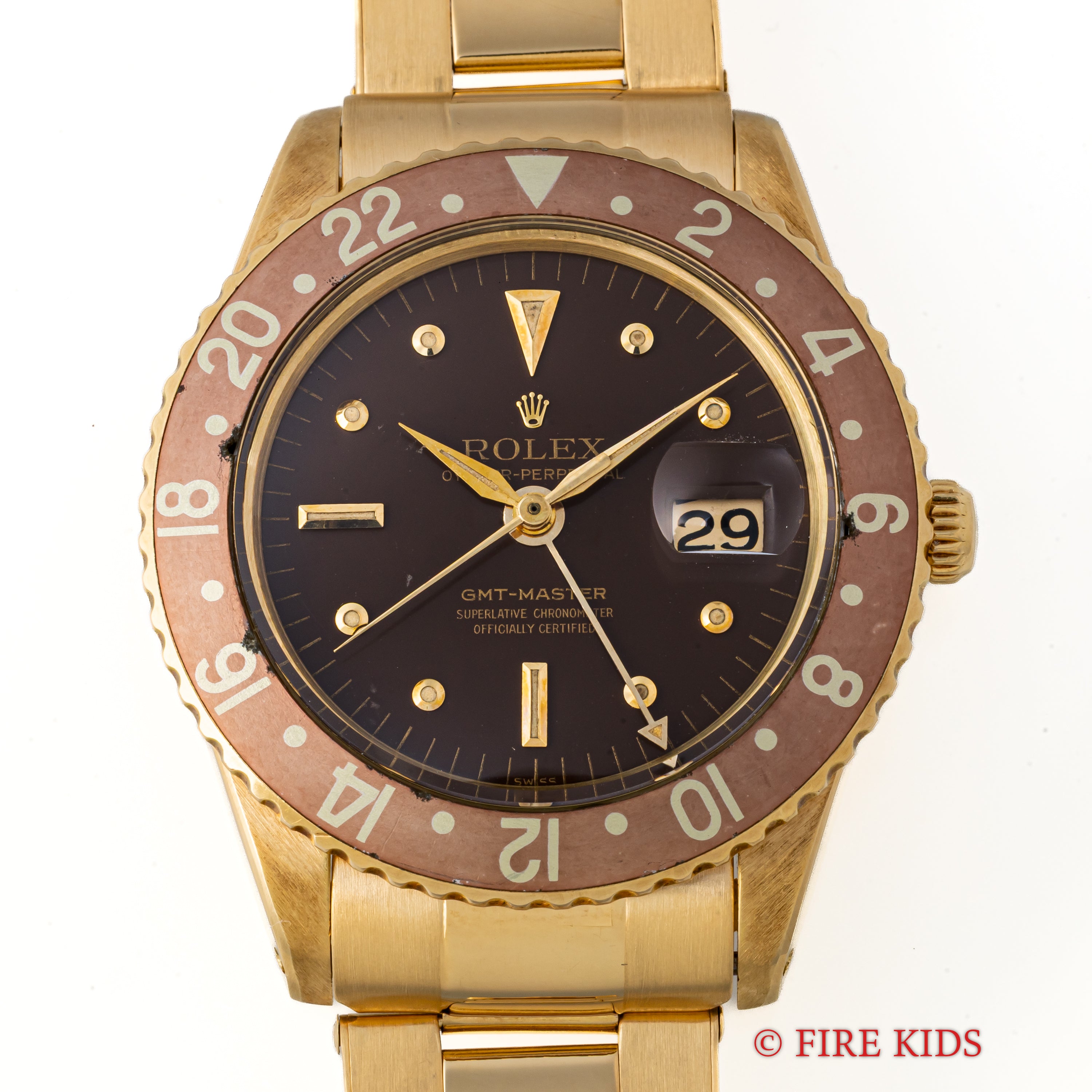 ロレックス 18金無垢GMTマスター Ref.1675 1964年製 ガードレス 茶ツボ ドーフィンハンド 純正金無垢リベットブレス