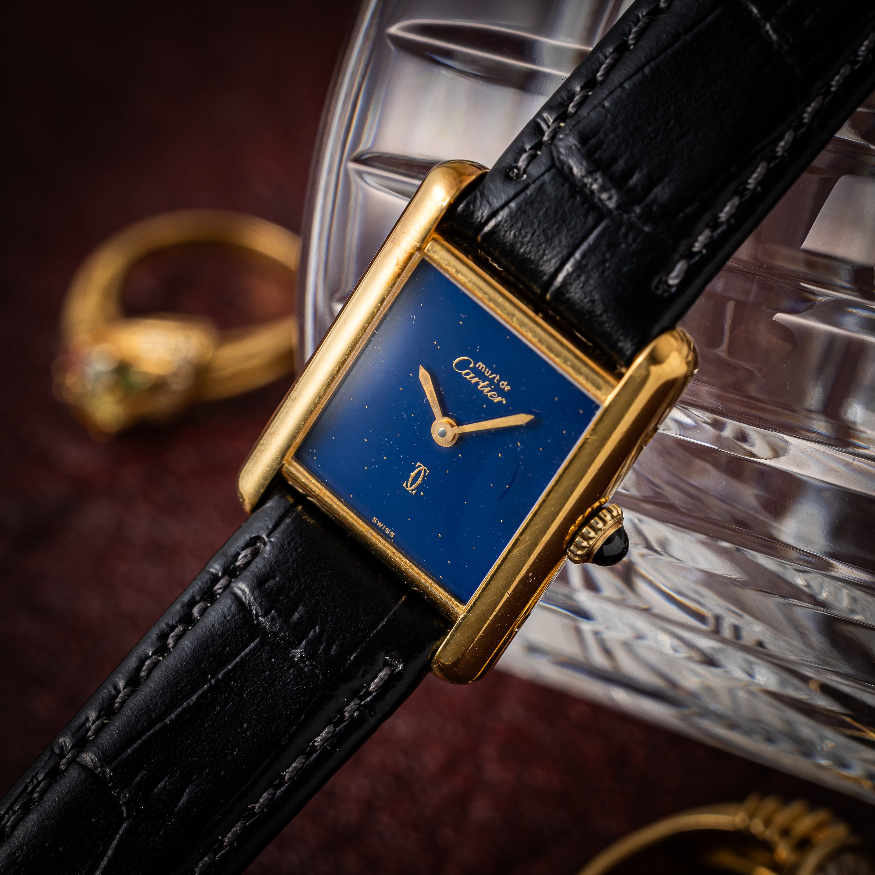 カルティエ マストタンク 1980年代製 SMサイズ 手巻き ラピスブルーダイヤル 純正尾錠付き