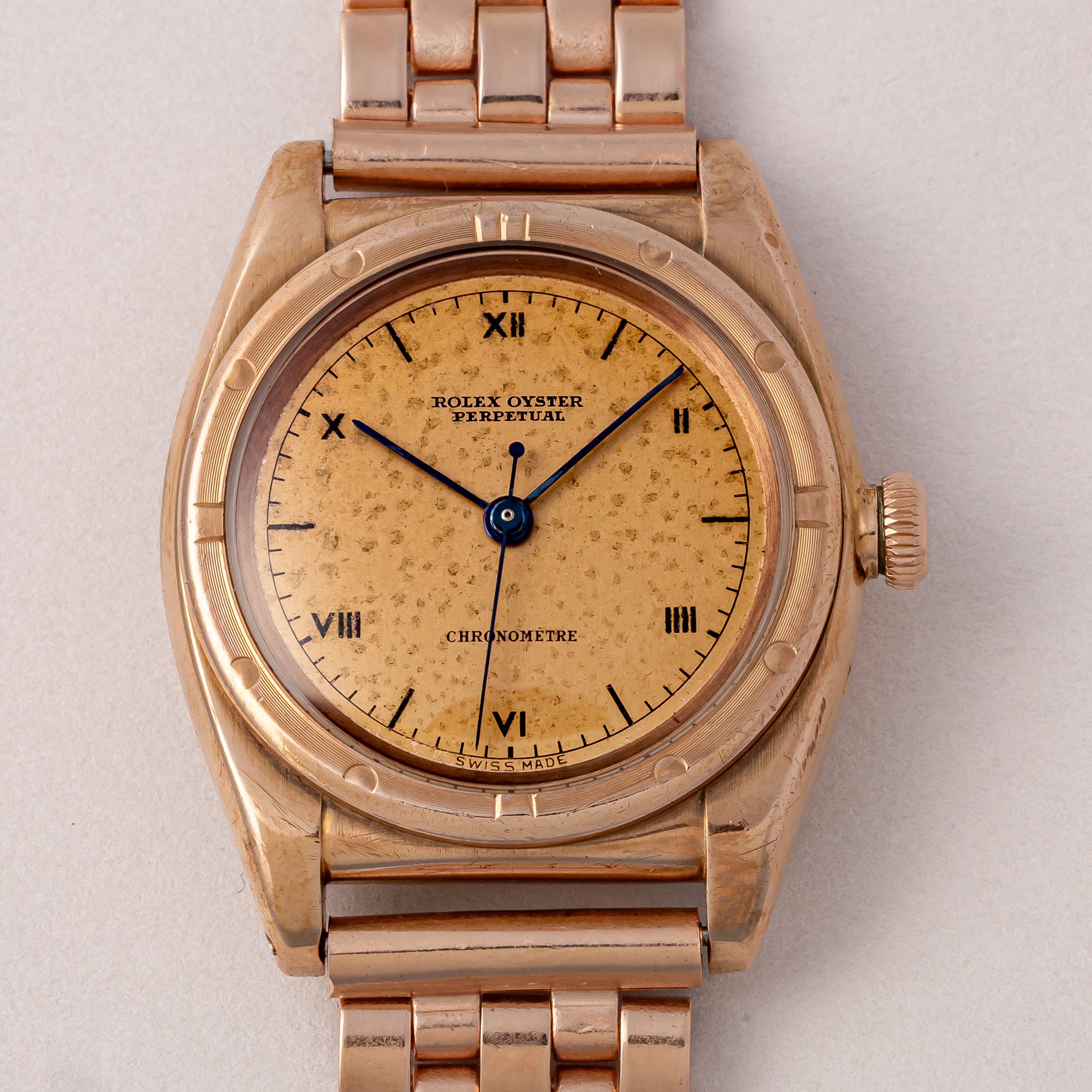 ロレックス 9金無垢ピンクゴールド バブルバック 1938年製 Ref.3372 エンジンターンドベゼル CLEWCOブレス