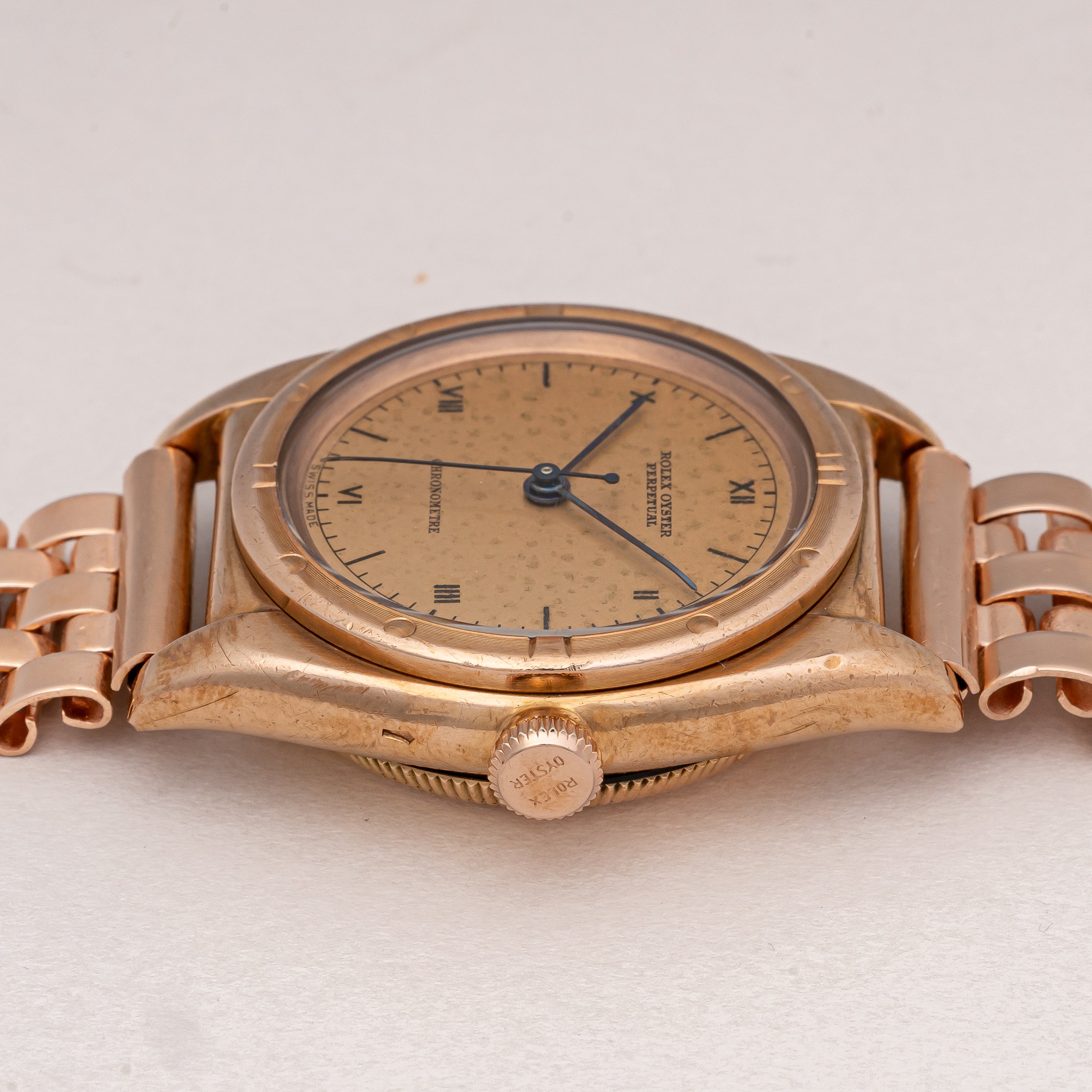 ロレックス 9金無垢ピンクゴールド バブルバック 1938年製 Ref.3372 エンジンターンドベゼル CLEWCOブレス